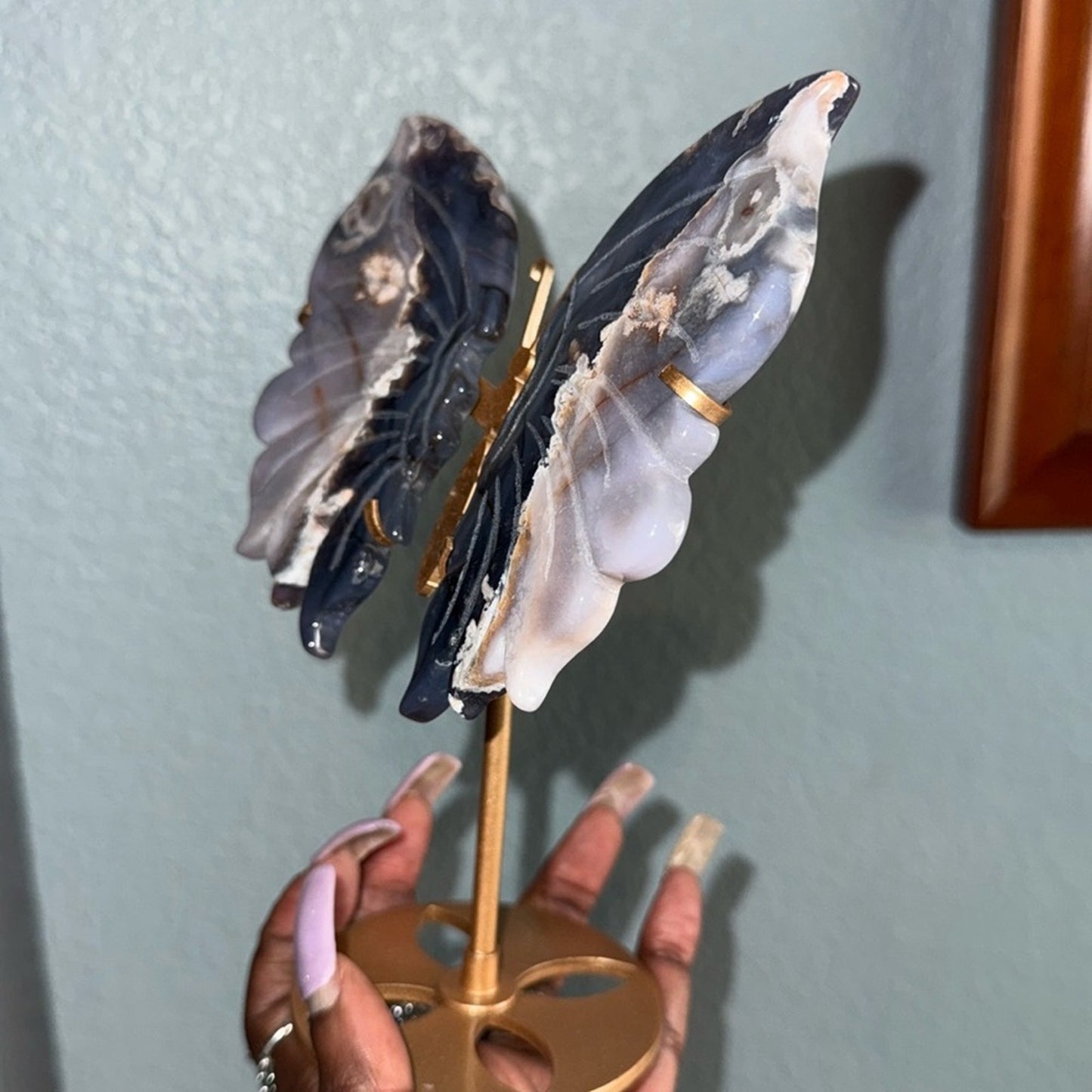 Blue Flower Agate Butterfly and Stand - BLUEFLWTAGTBTFLY-002