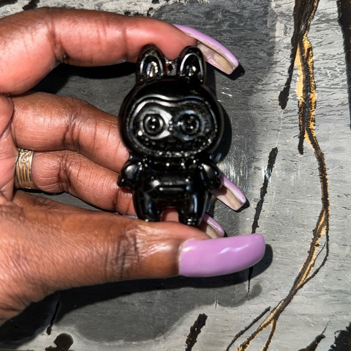 Labubu Golden Sheen Black Obsidian 2.25” approximately carving pendant Figure