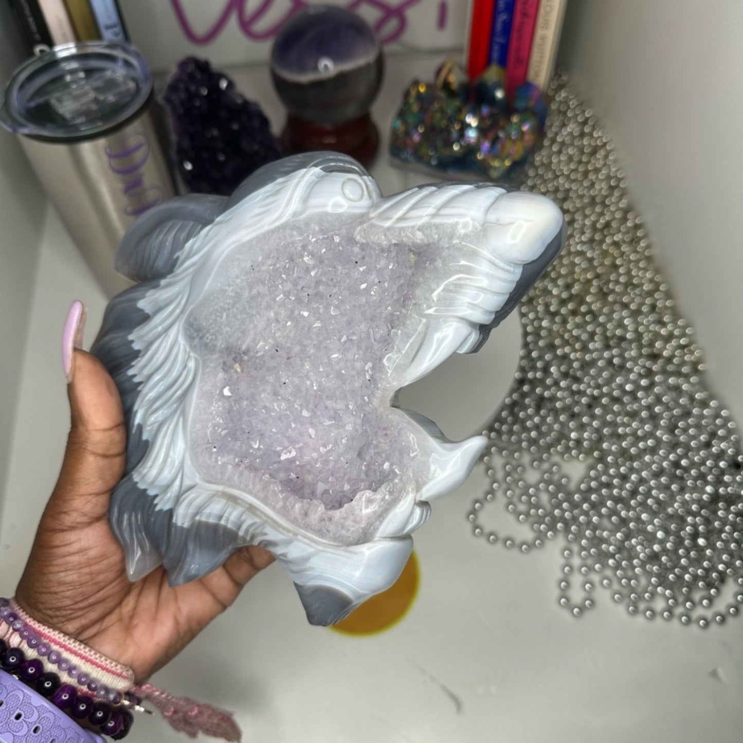 Blue Lace Agate and Amethyst Sugar Wolf Carving - BAAMYWLFCRV-001