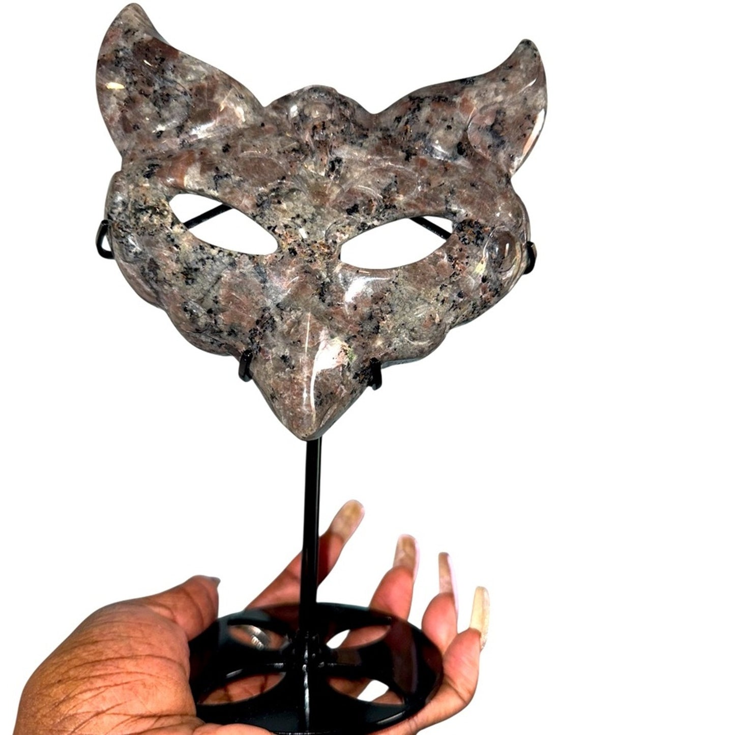 Emberlite (AKA Michigan Stone) Fox Mask on black metal stand