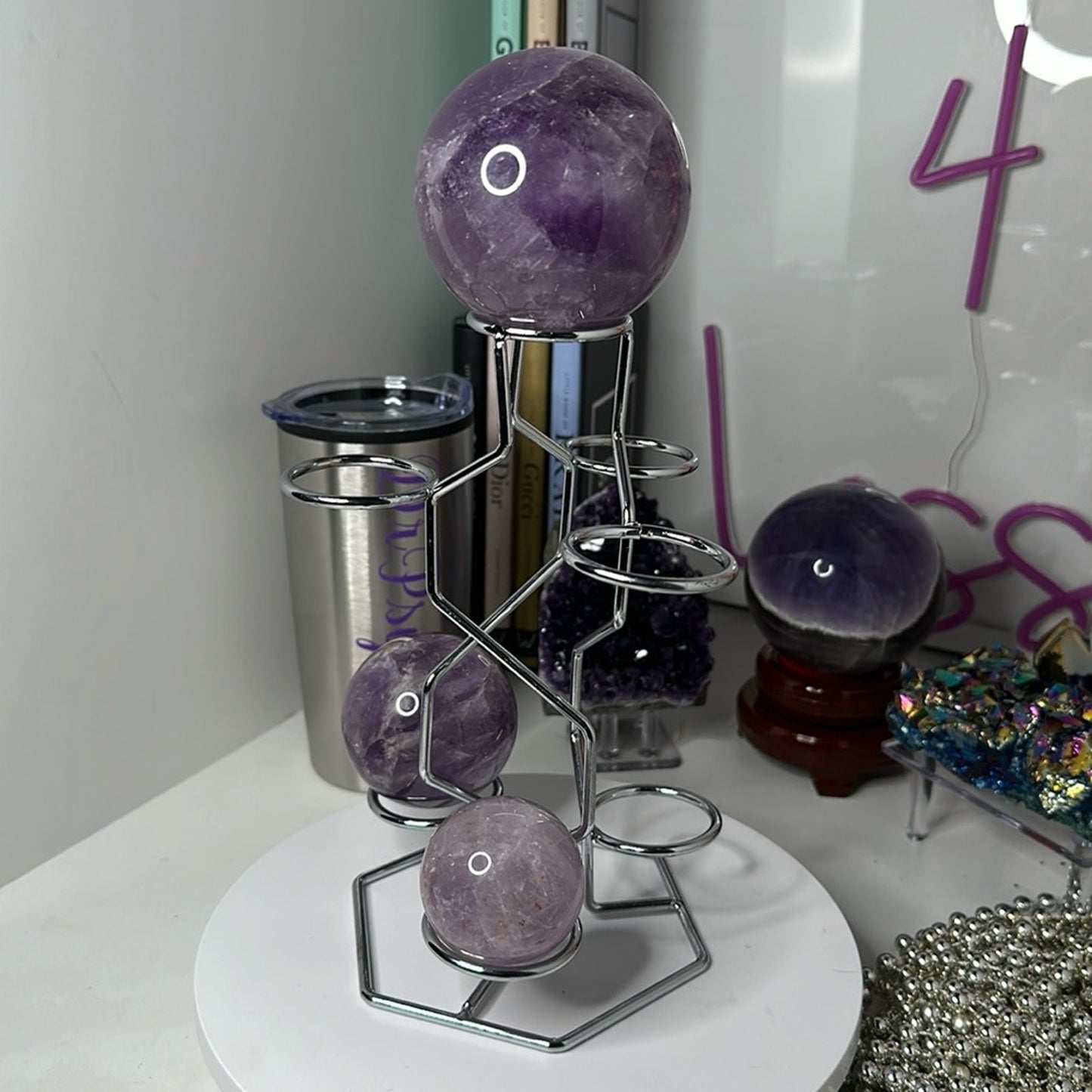 Silver color Multi-Sphere Tower Holder Crystals Rocks Precious Gem Sphere
