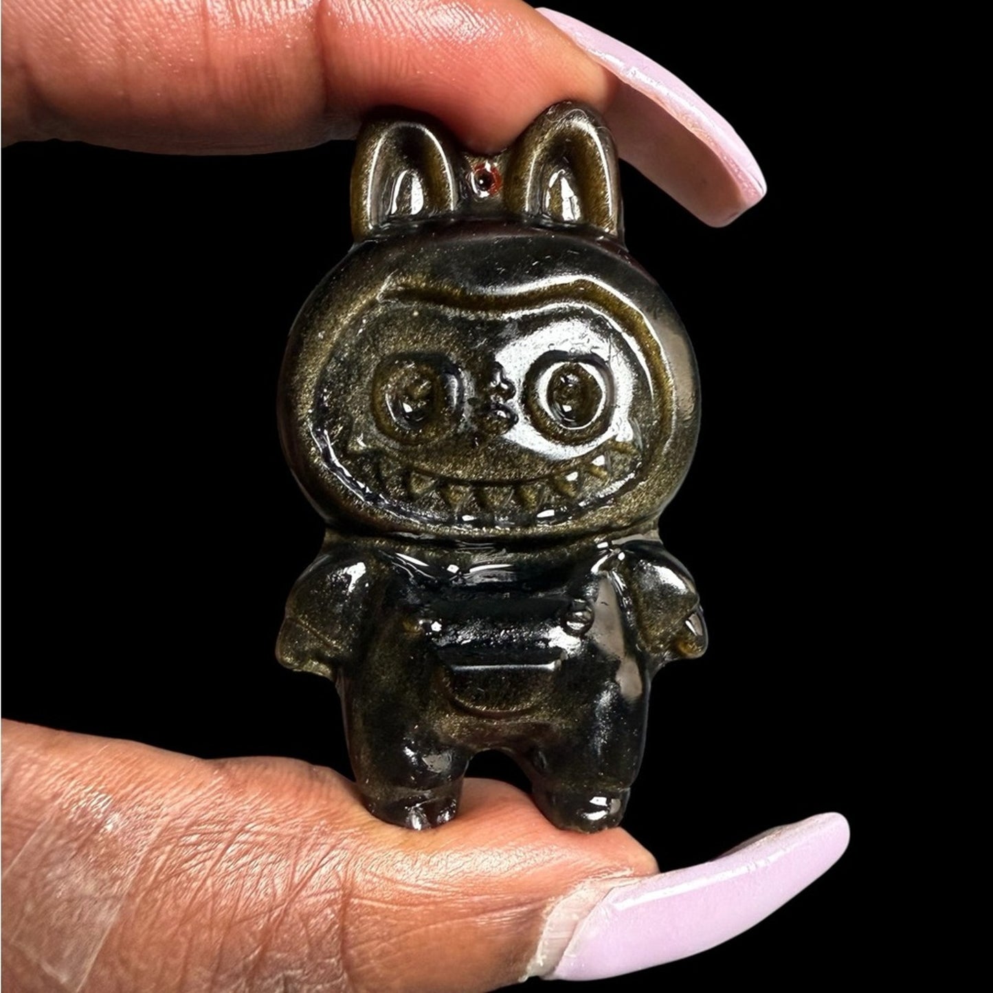 Labubu Golden Sheen Black Obsidian 2.25” approximately carving pendant Figure