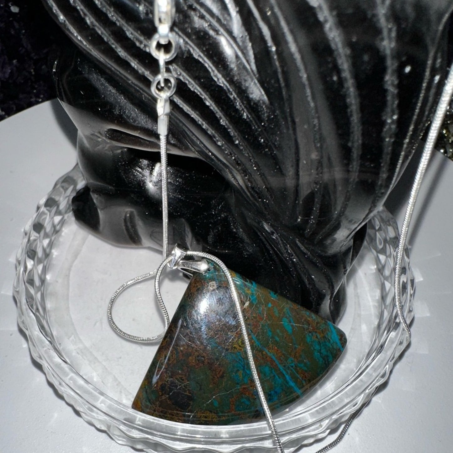 Azurite Fan Pendant Natural Stone Sterling Silver 925 Necklace 18β