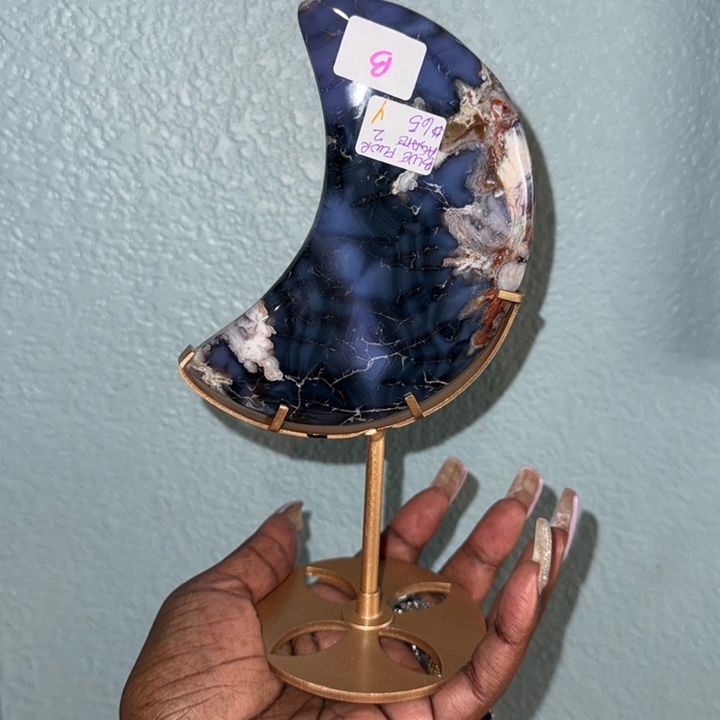 Blue Flower Agate Crescent moon and Stand - BLUEFLWTAGTMOON-002