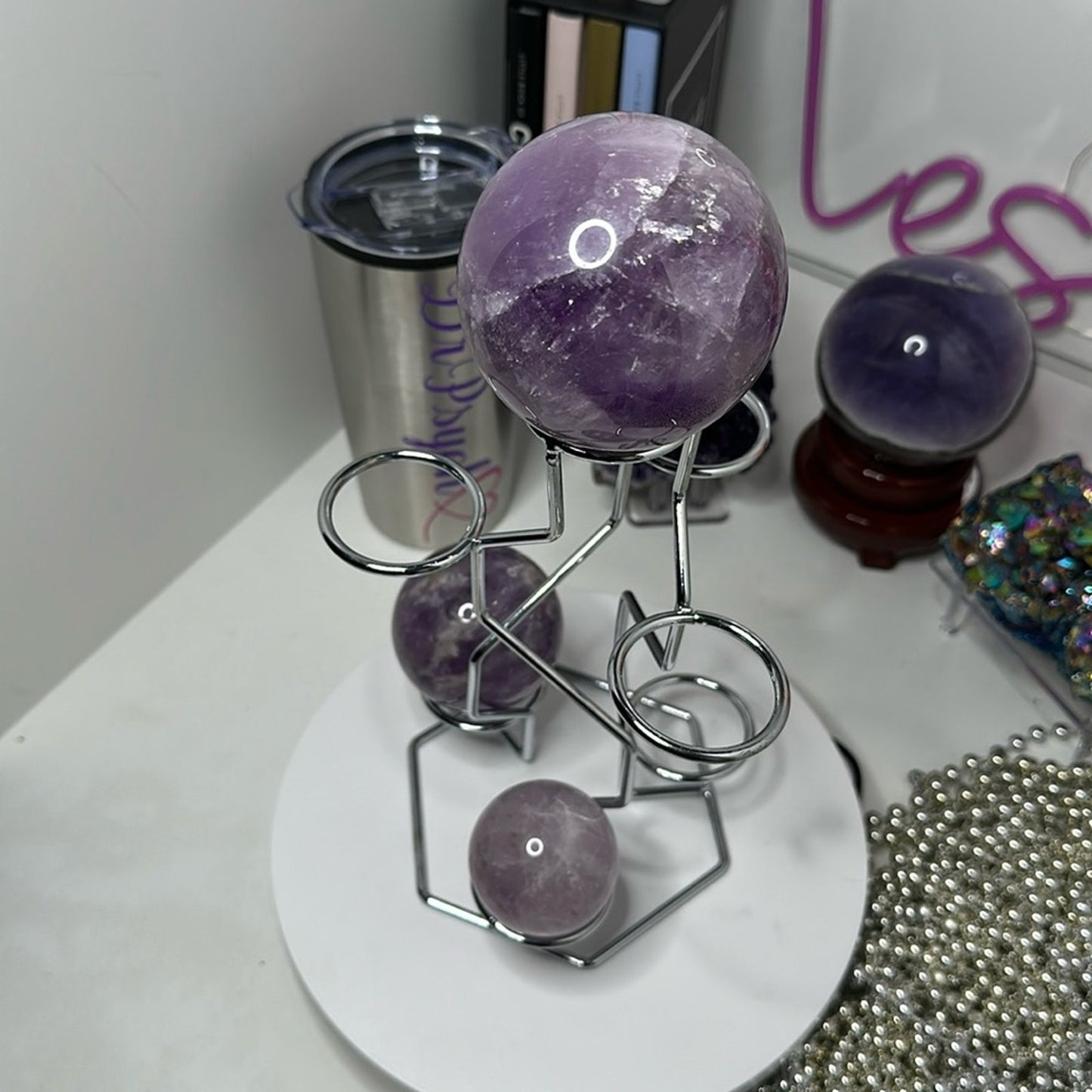 Silver color Multi-Sphere Tower Holder Crystals Rocks Precious Gem Sphere