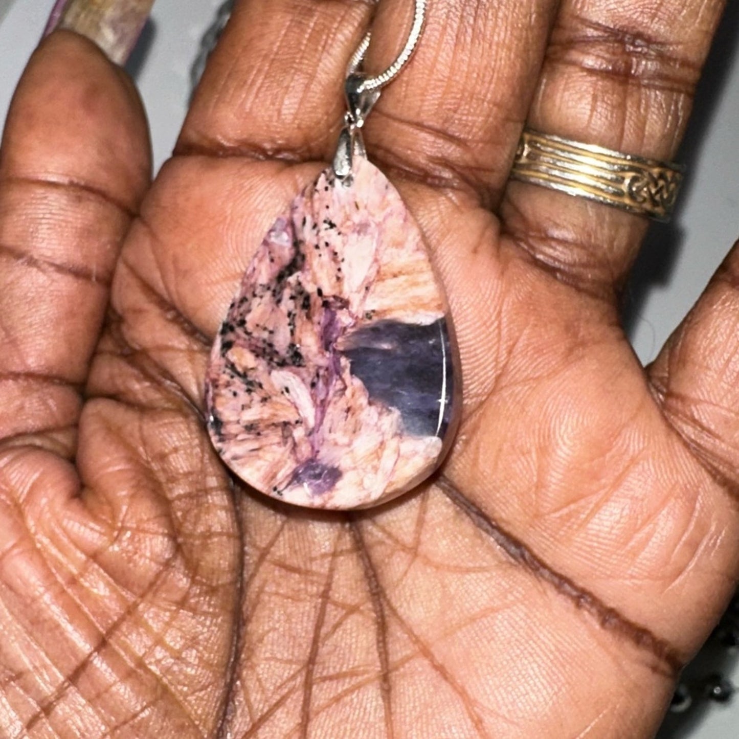 Charoite Teardrop Pendant Natural Stone Sterling Silver 925 Necklace 18โ