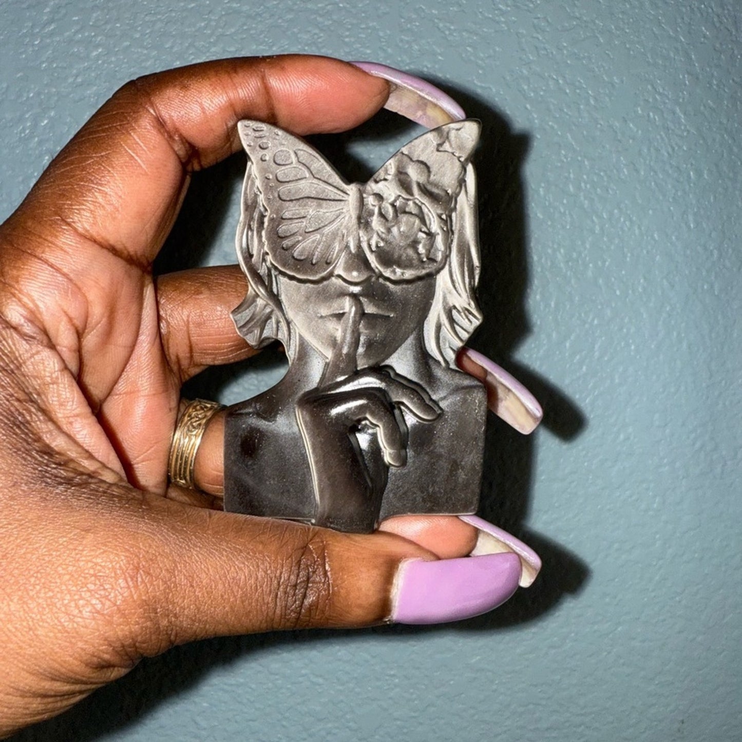 Butterfly Woman Silver Sheen Black Obsidian 3 x 2”approx carving pendant Figure