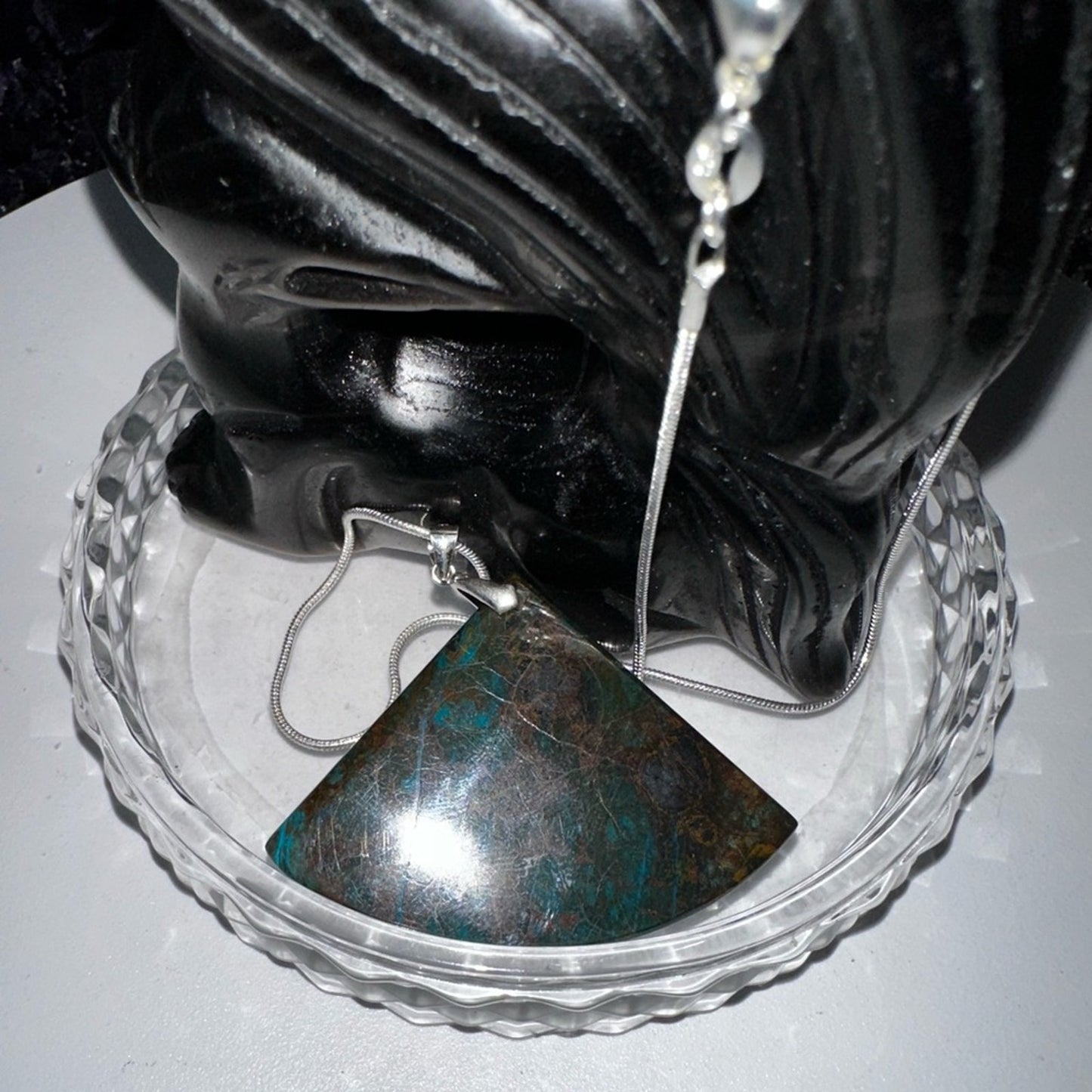 Azurite Fan Pendant Natural Stone Sterling Silver 925 Necklace 18β