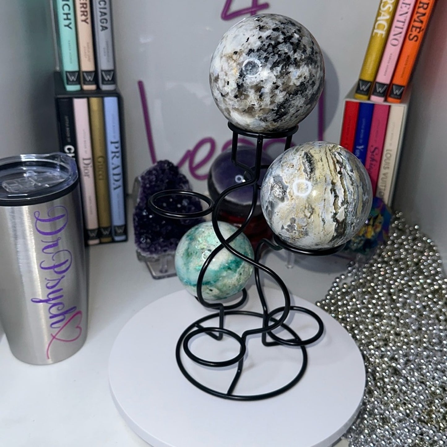 Black Multi-Sphere Tower Holder Crystals Rocks Precious Gem Spheres