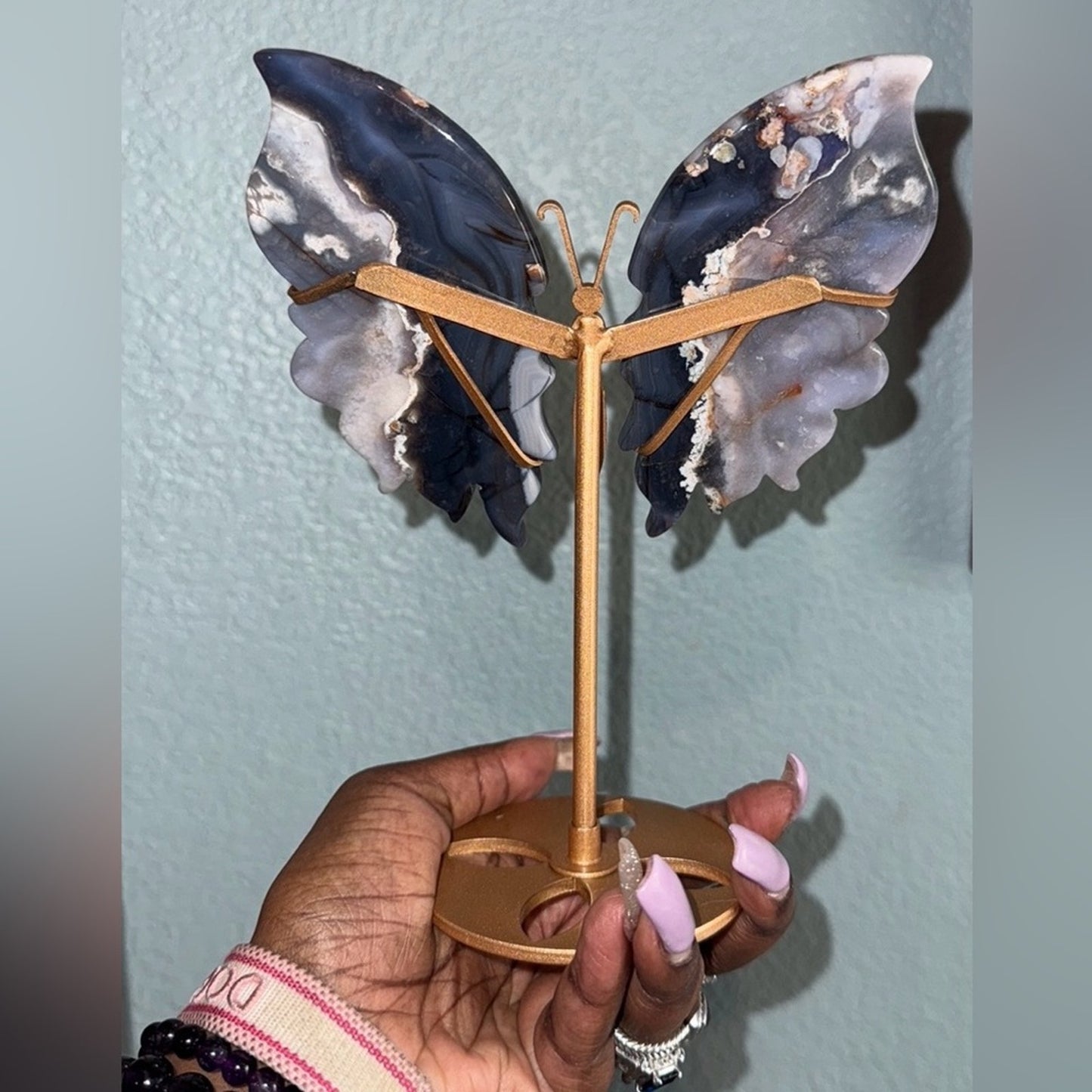 Blue Flower Agate Butterfly and Stand - BLUEFLWTAGTBTFLY-002