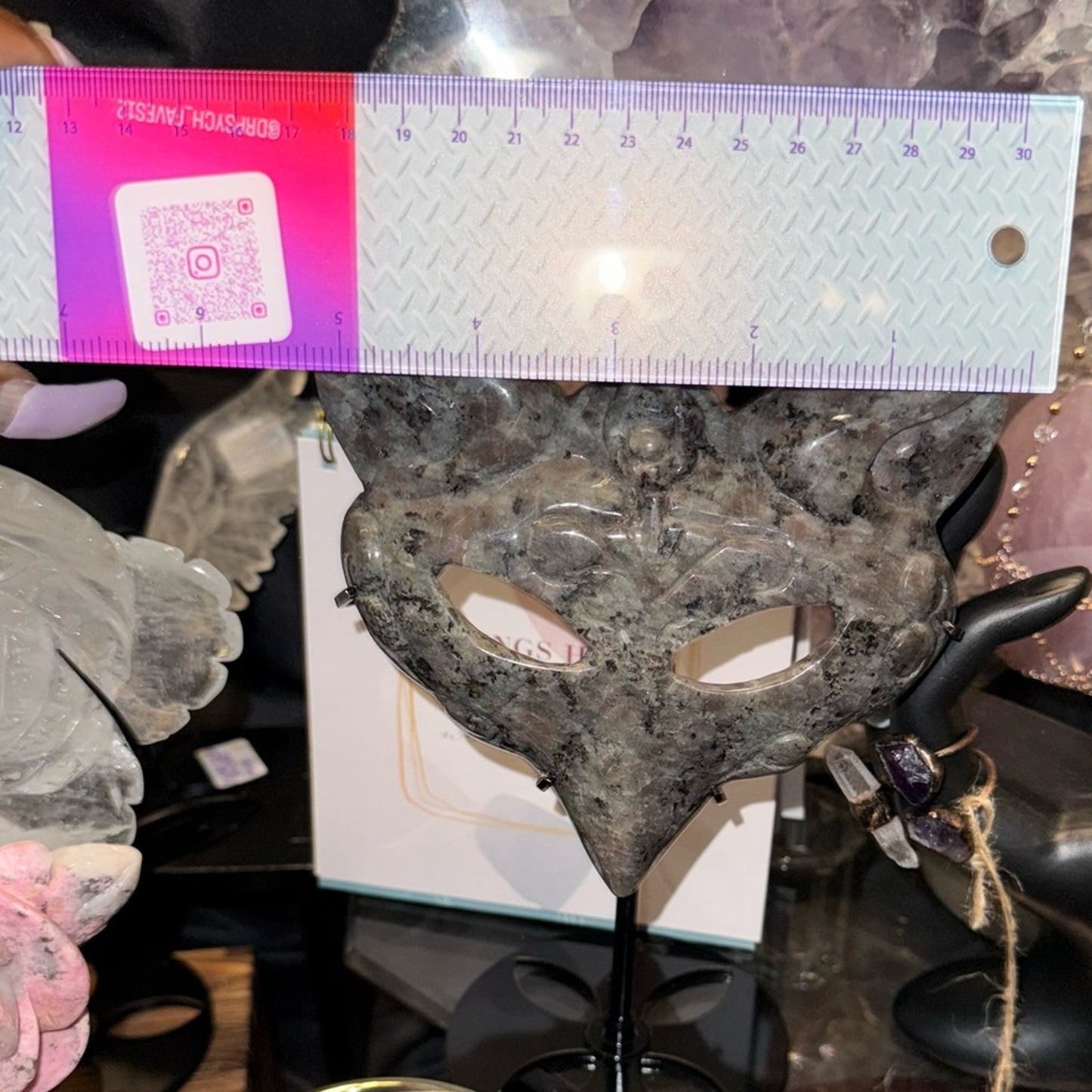 Emberlite (AKA Michigan Stone) Fox Mask on black metal stand