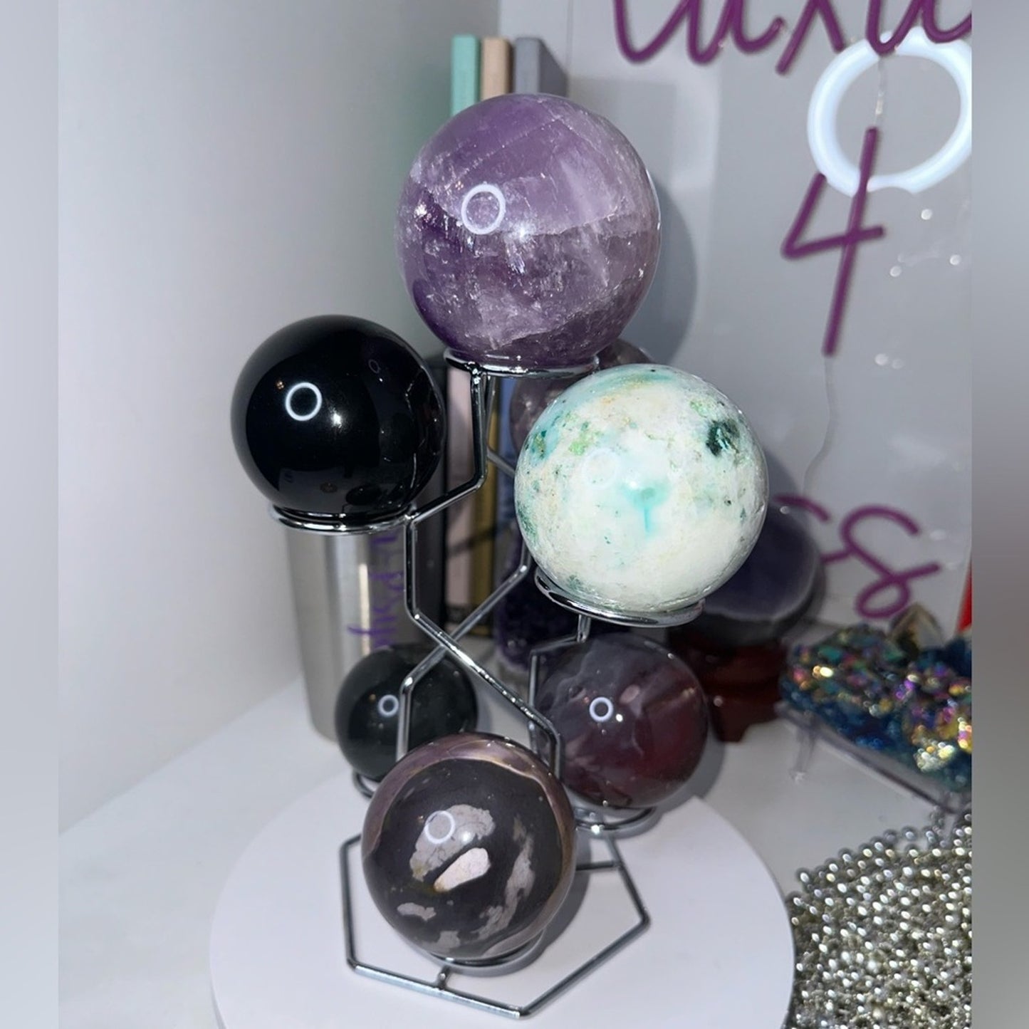 Silver color Multi-Sphere Tower Holder Crystals Rocks Precious Gem Sphere