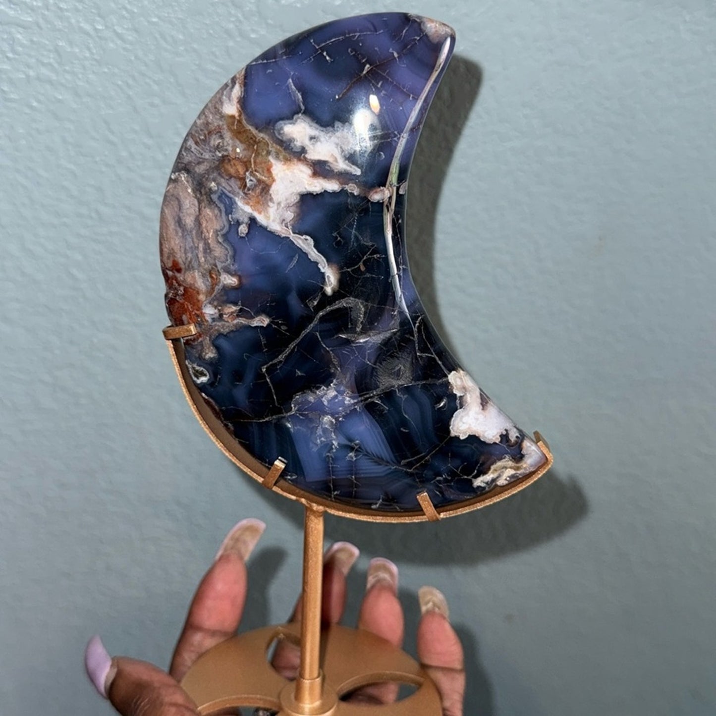 Blue Flower Agate Crescent moon and Stand - BLUEFLWTAGTMOON-002