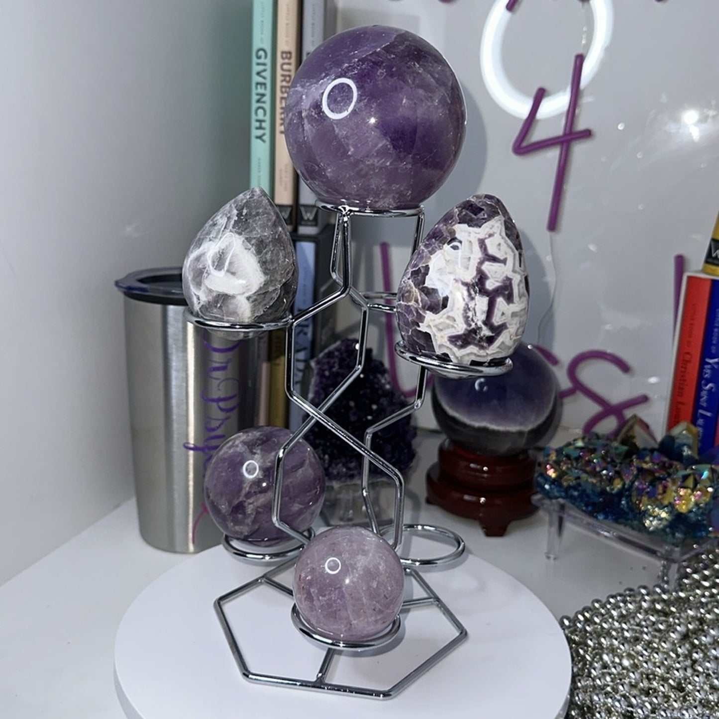 Silver color Multi-Sphere Tower Holder Crystals Rocks Precious Gem Sphere