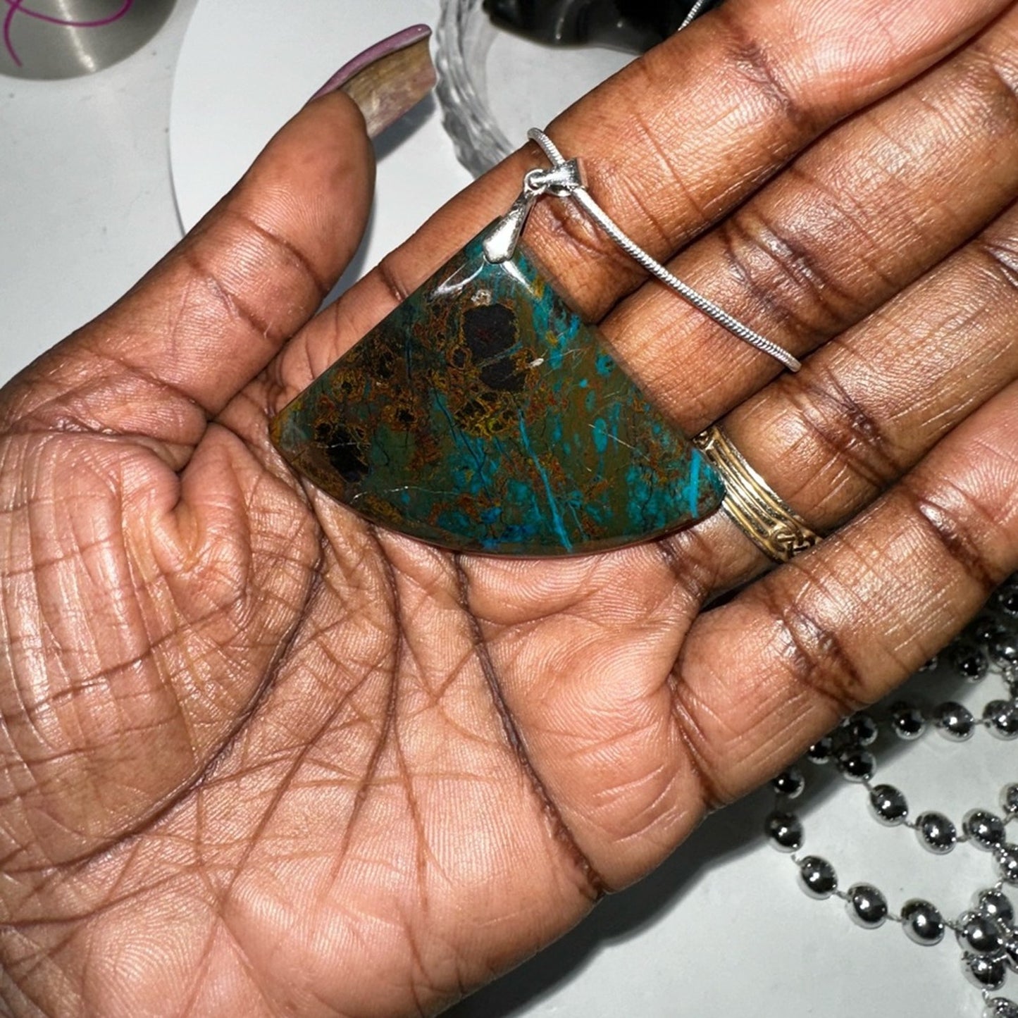 Azurite Fan Pendant Natural Stone Sterling Silver 925 Necklace 18β