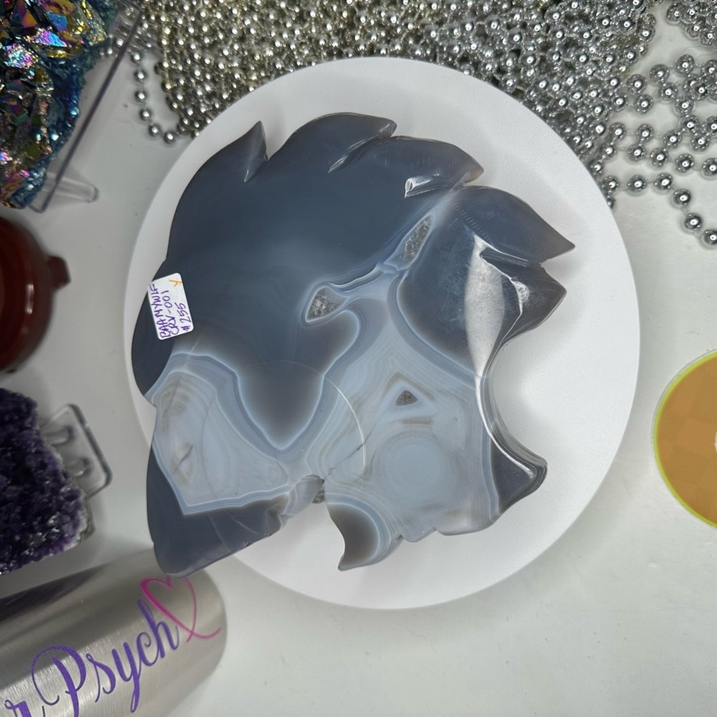 Blue Lace Agate and Amethyst Sugar Wolf Carving - BAAMYWLFCRV-001