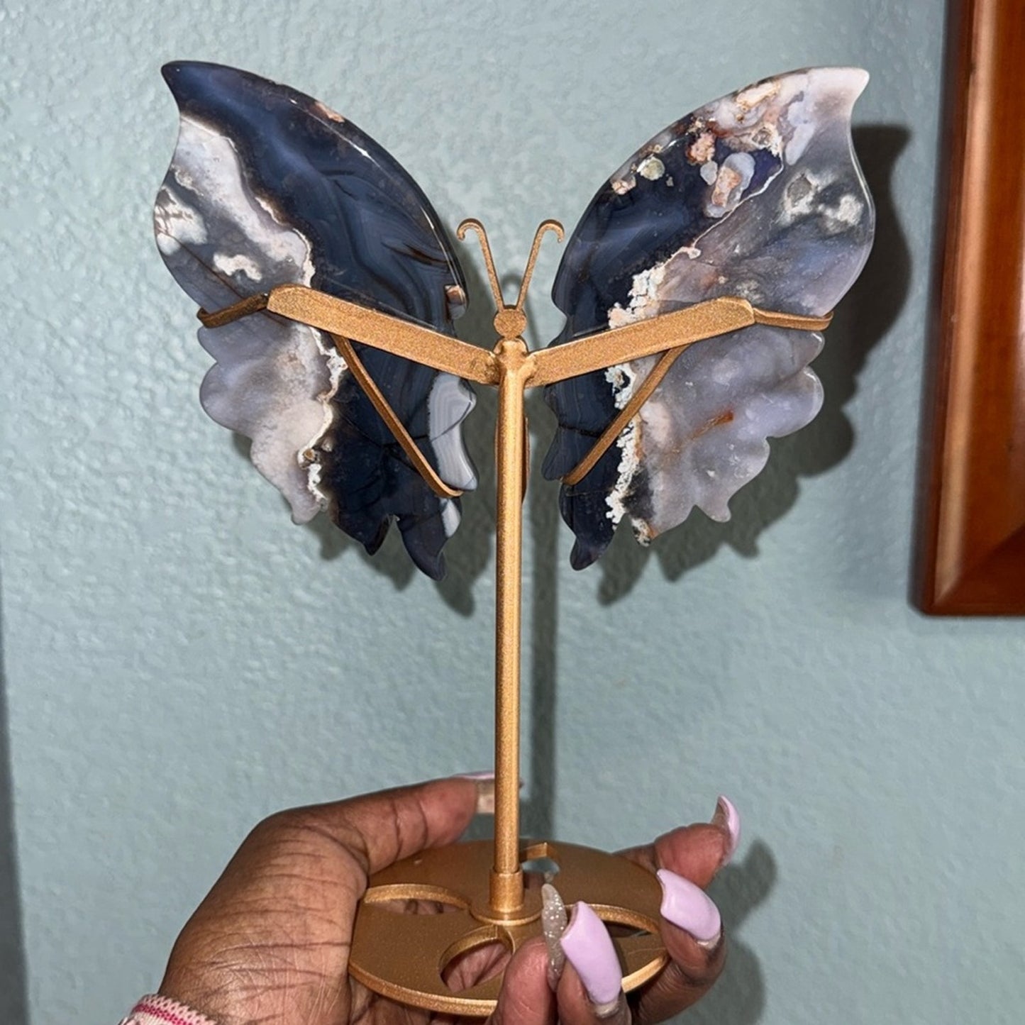 Blue Flower Agate Butterfly and Stand - BLUEFLWTAGTBTFLY-002