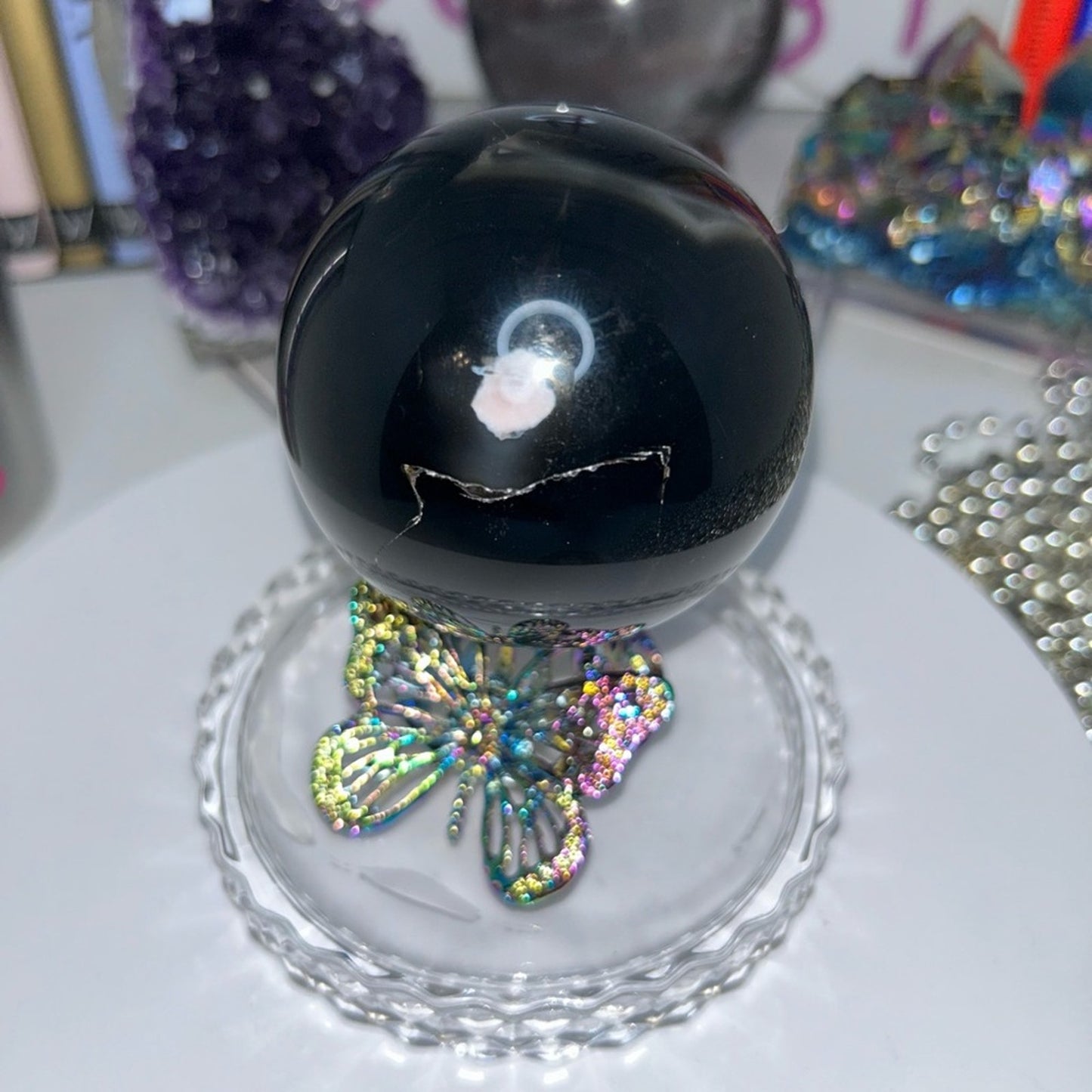 Quartz and Black Onyx/Agate Sphere w/Druzy 72MM - BLAGDRZ-001