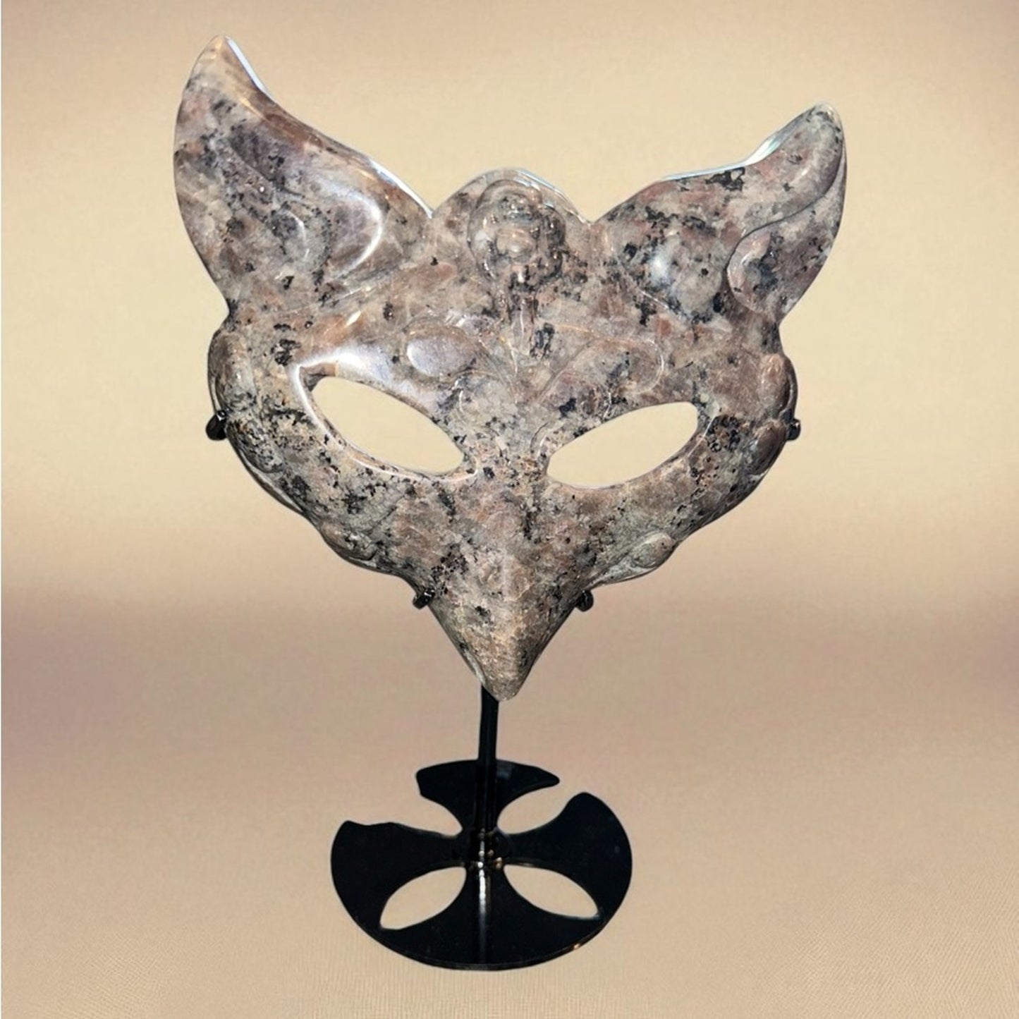 Emberlite (AKA Michigan Stone) Fox Mask on black metal stand