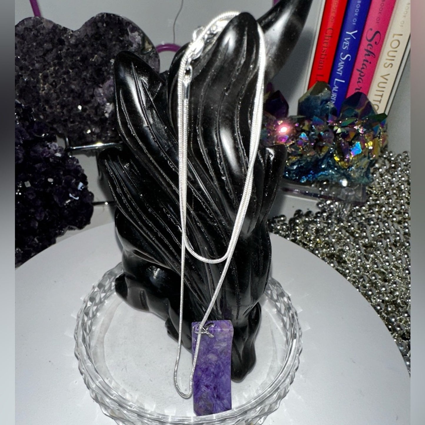Charoite Pendant Natural Stone Sterling Silver 925 Necklace 18โ
