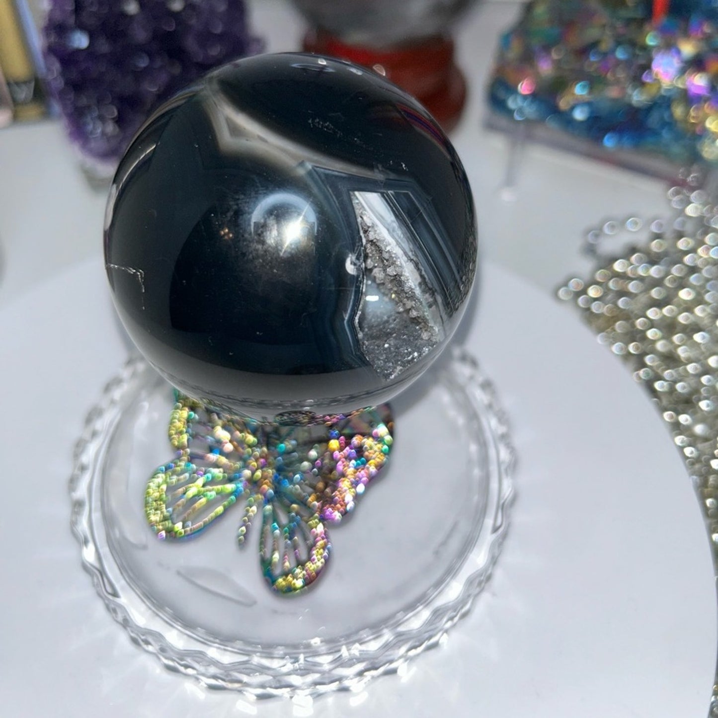 Quartz and Black Onyx/Agate Sphere w/Druzy 72MM - BLAGDRZ-001
