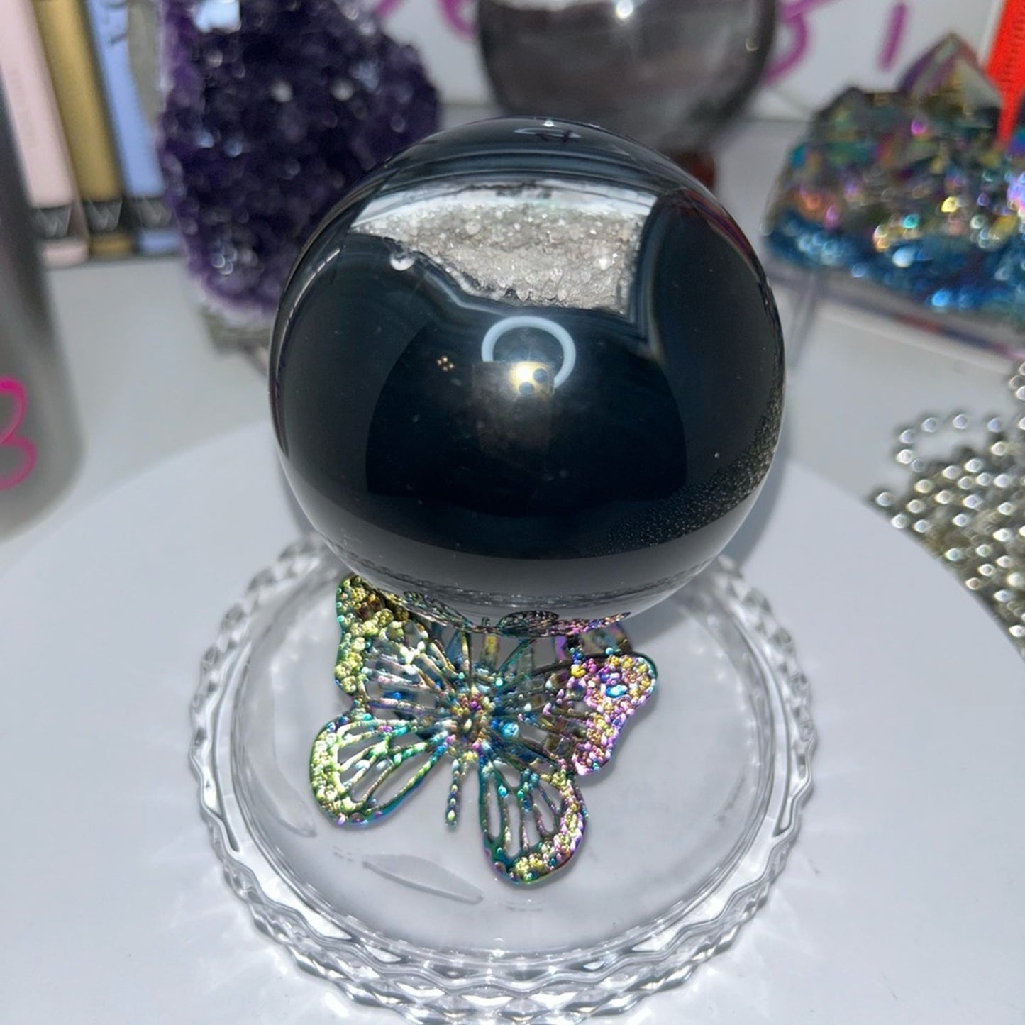 Quartz and Black Onyx/Agate Sphere w/Druzy 72MM - BLAGDRZ-001