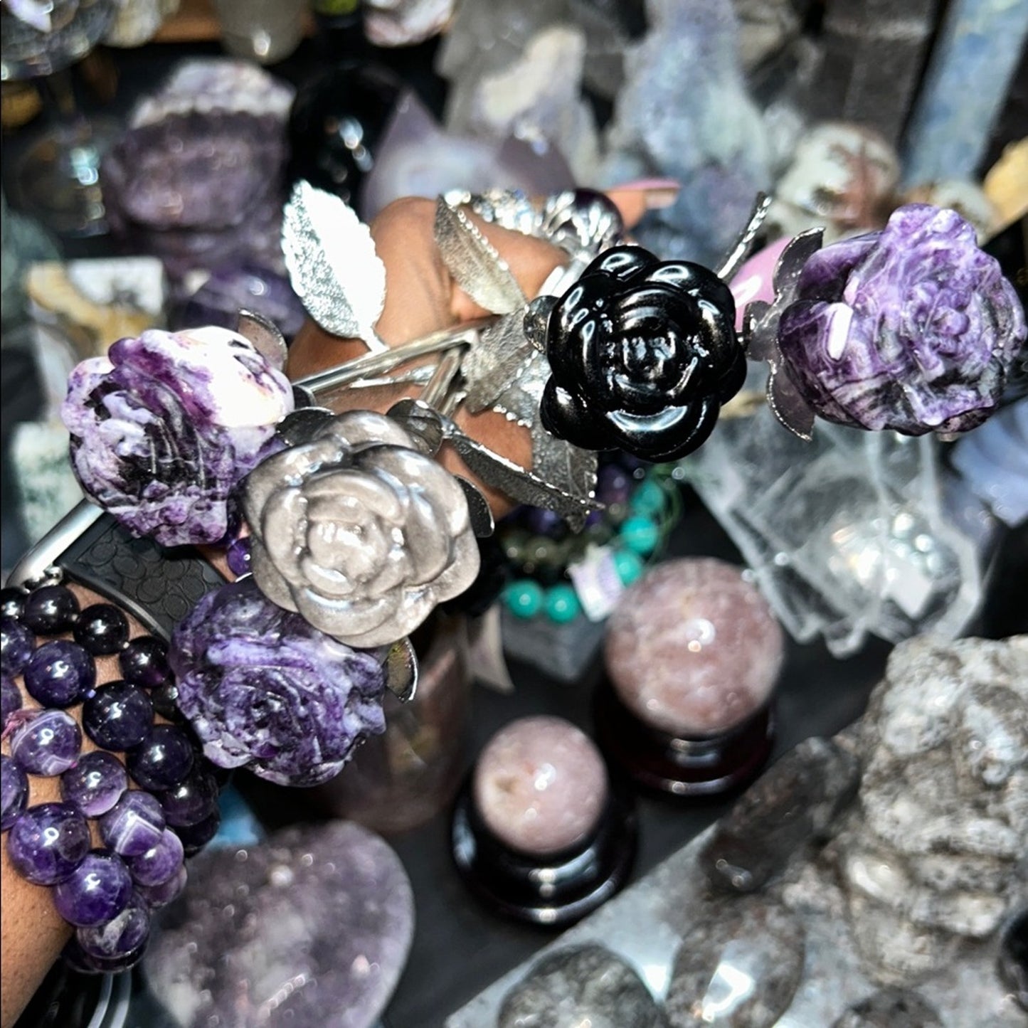 Fluorite root or Obsidian Rose Carvings w/Silver Stainless stem - Price for 1 ๐น๐น