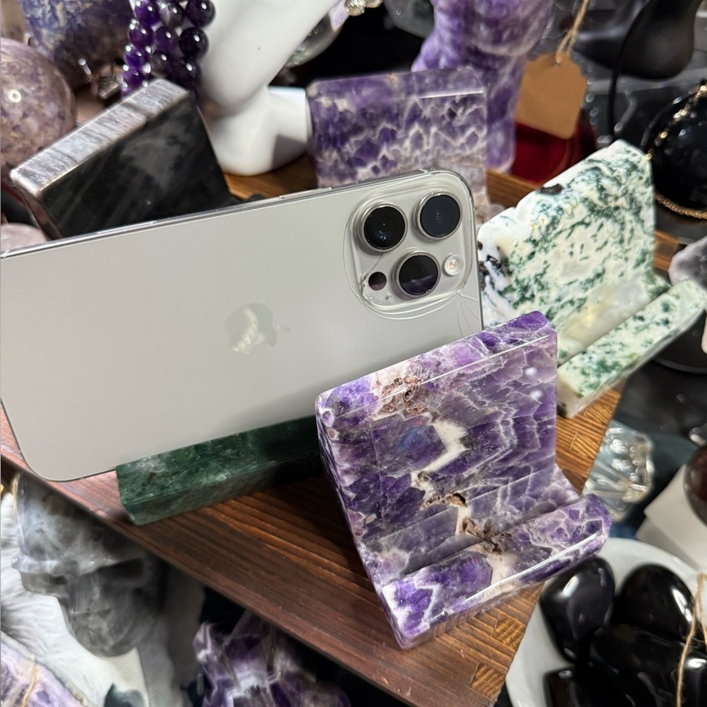 Crystal Phone Stand - Dream Amethyst, Moss Agate, Silver Obsidian-Price for 1