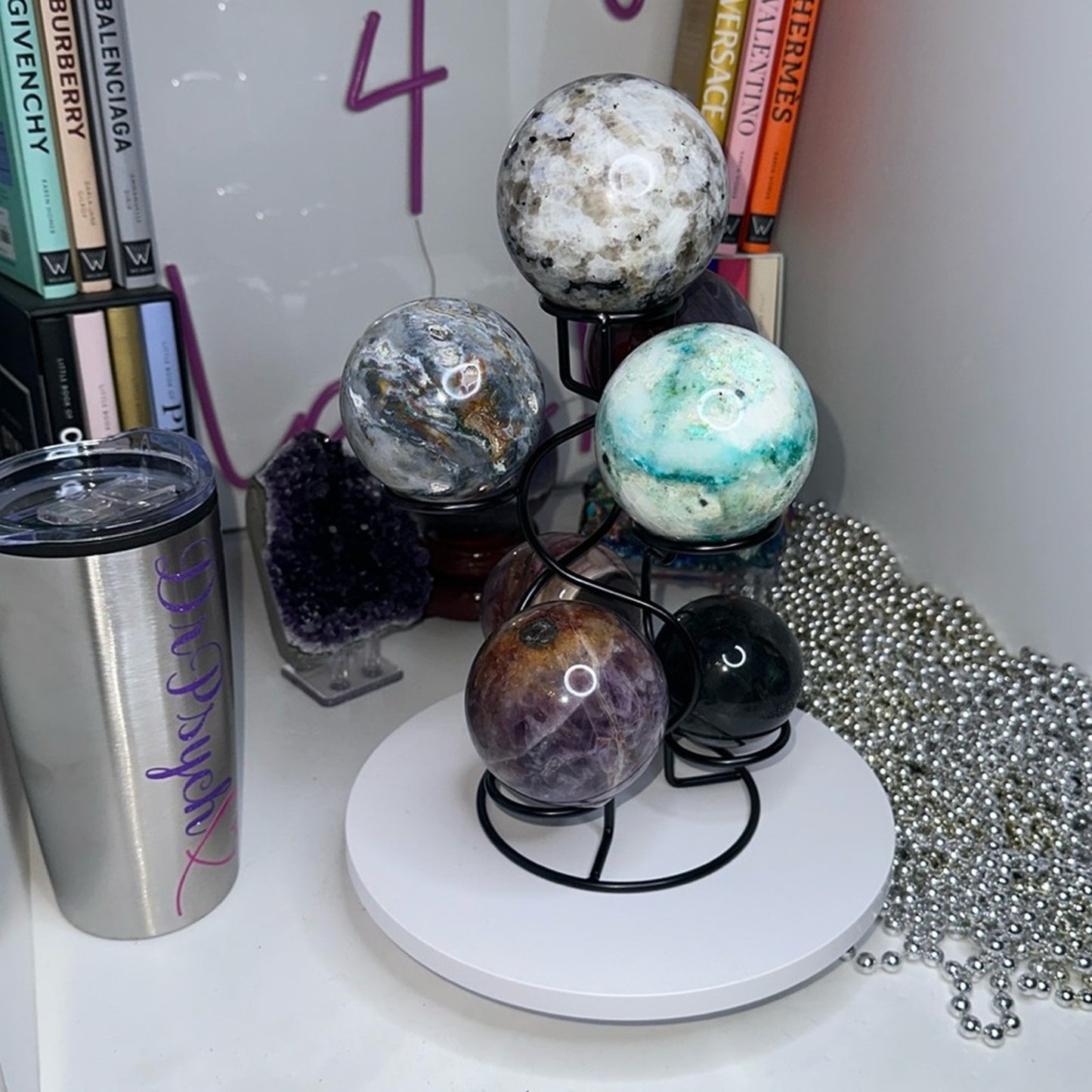 Black Multi-Sphere Tower Holder Crystals Rocks Precious Gem Spheres