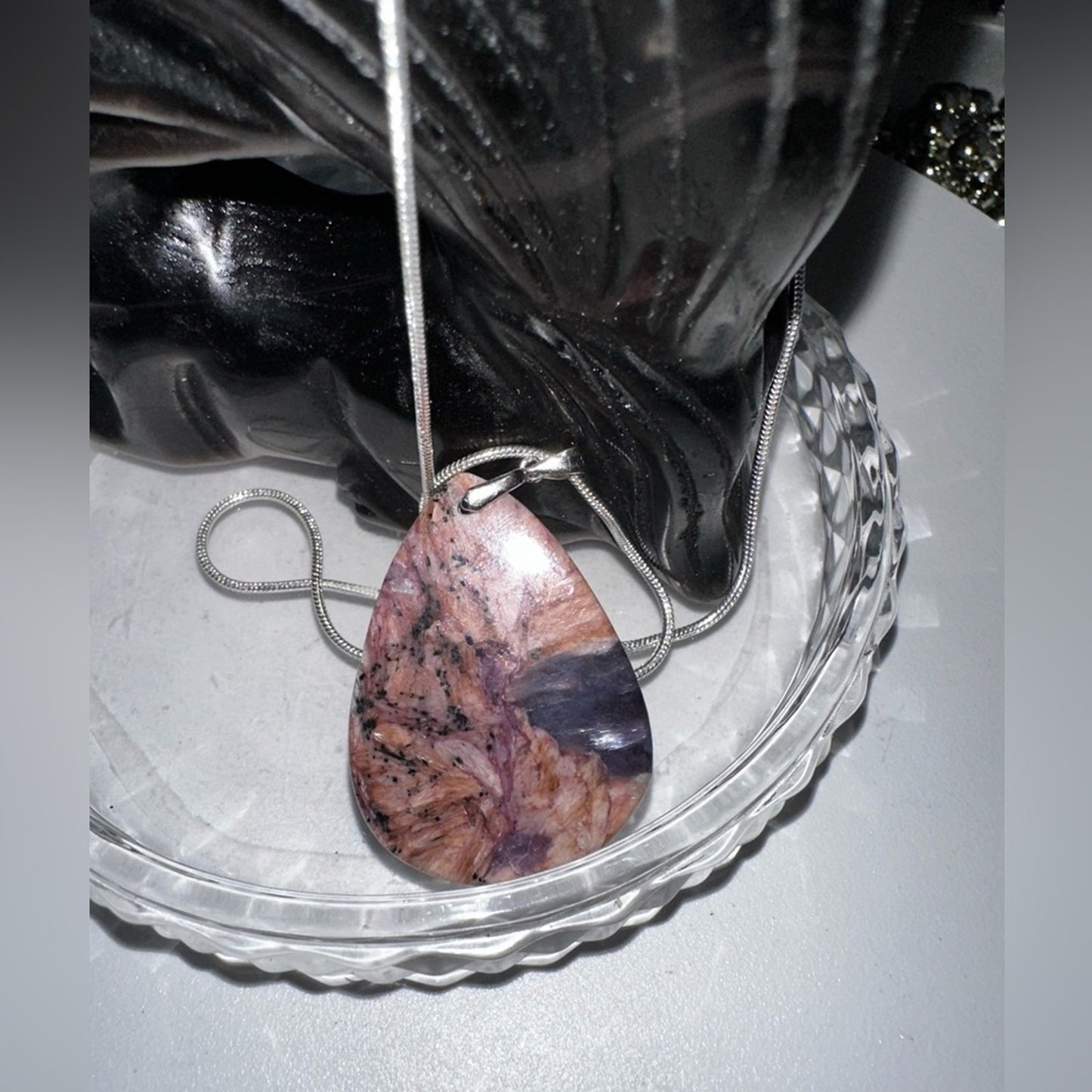 Charoite Teardrop Pendant Natural Stone Sterling Silver 925 Necklace 18โ