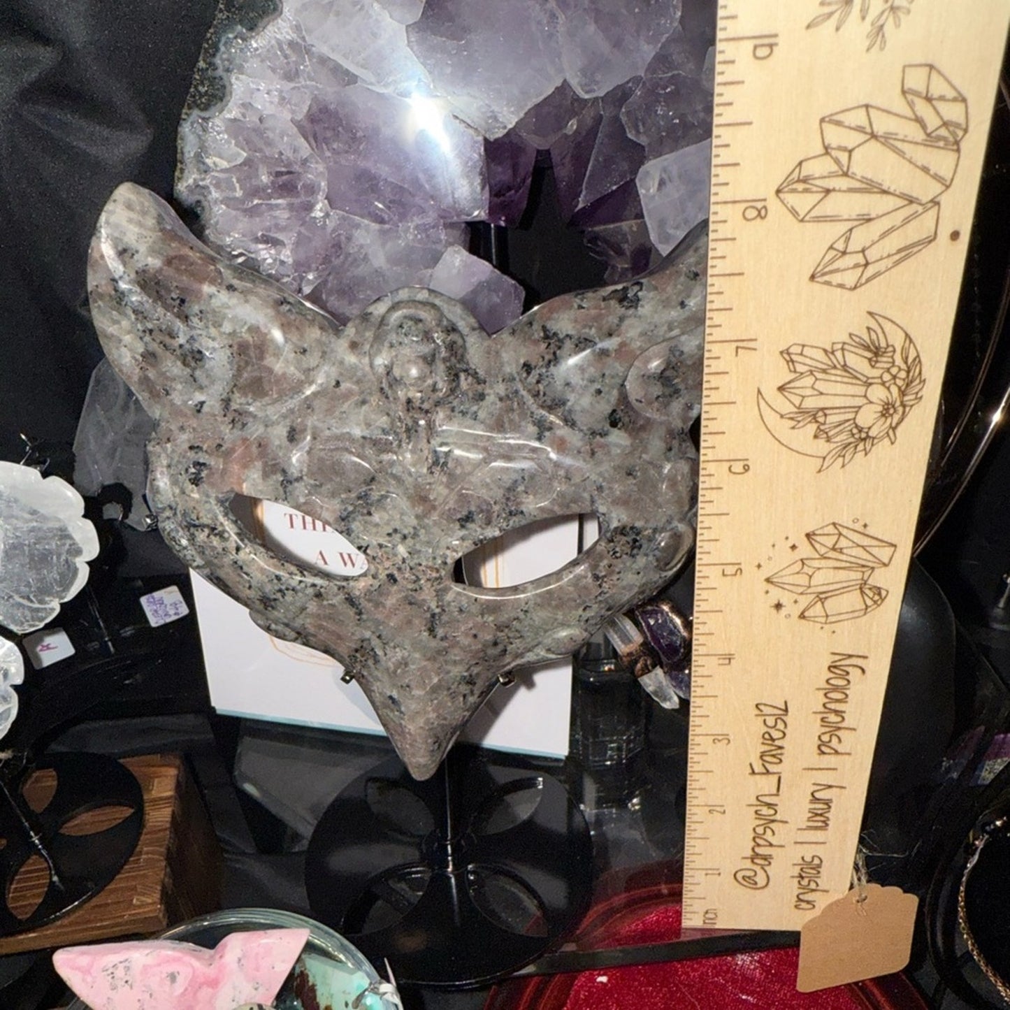 Emberlite (AKA Michigan Stone) Fox Mask on black metal stand