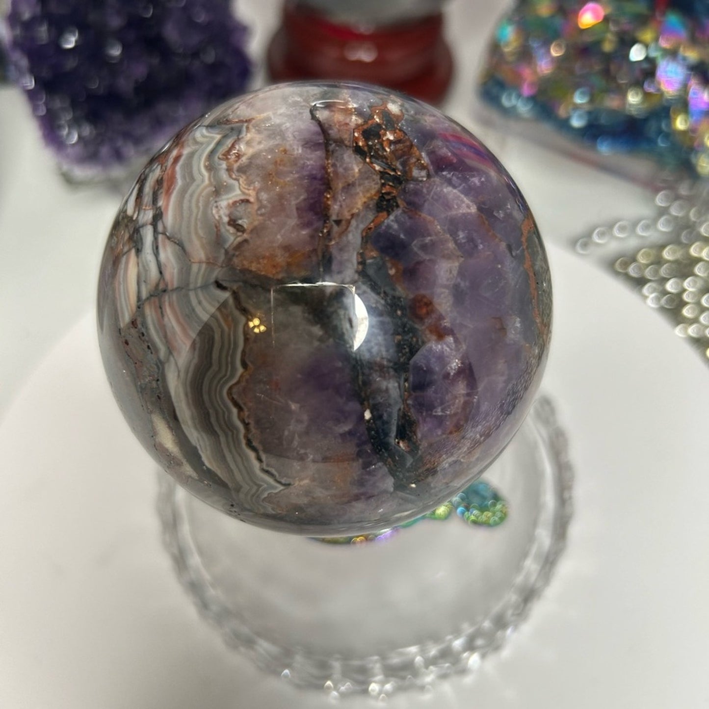 Amethyst and Mexican Lace Agate Large Sphere 81MM - MXAGAMYSPMED