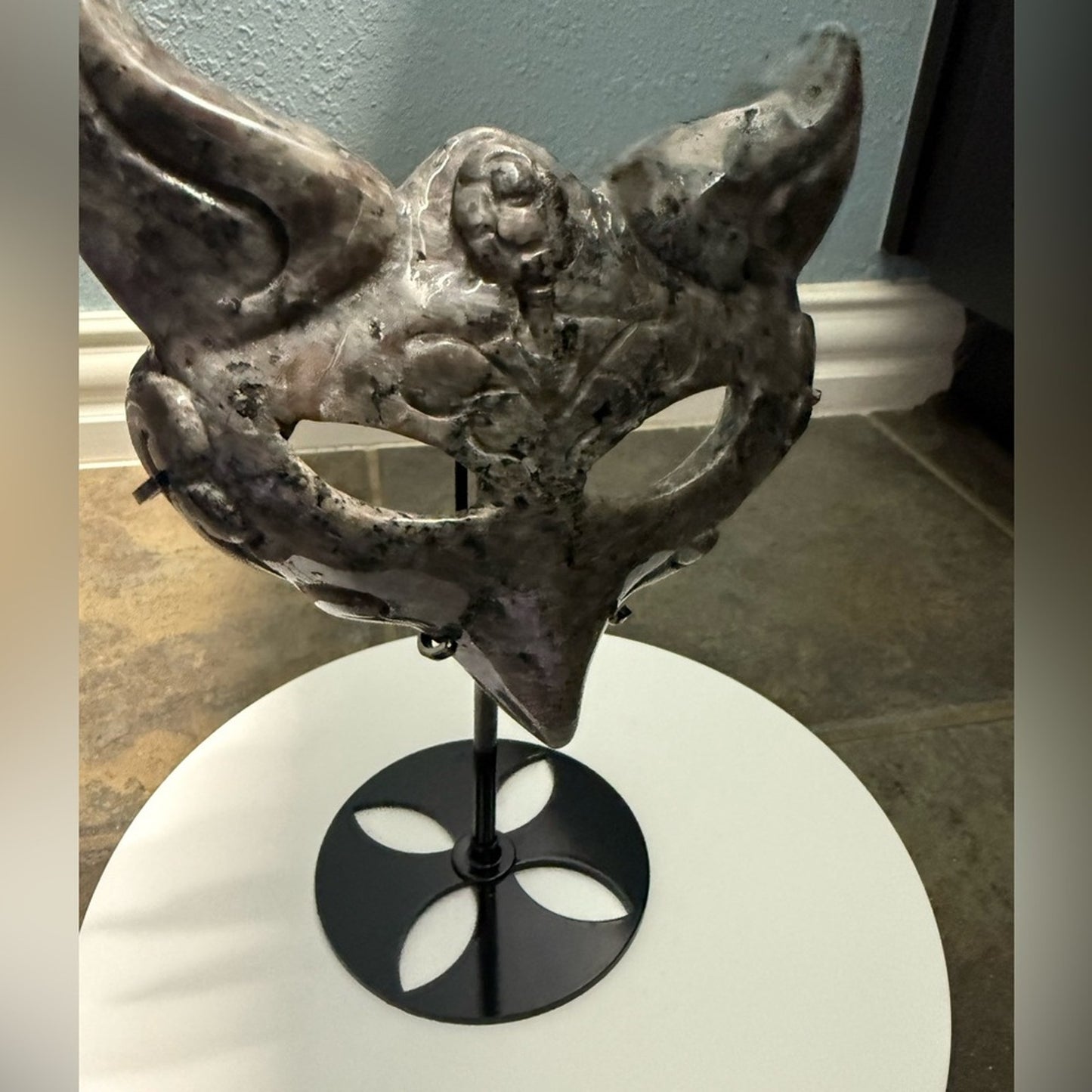 Emberlite (AKA Michigan Stone) Fox Mask on black metal stand