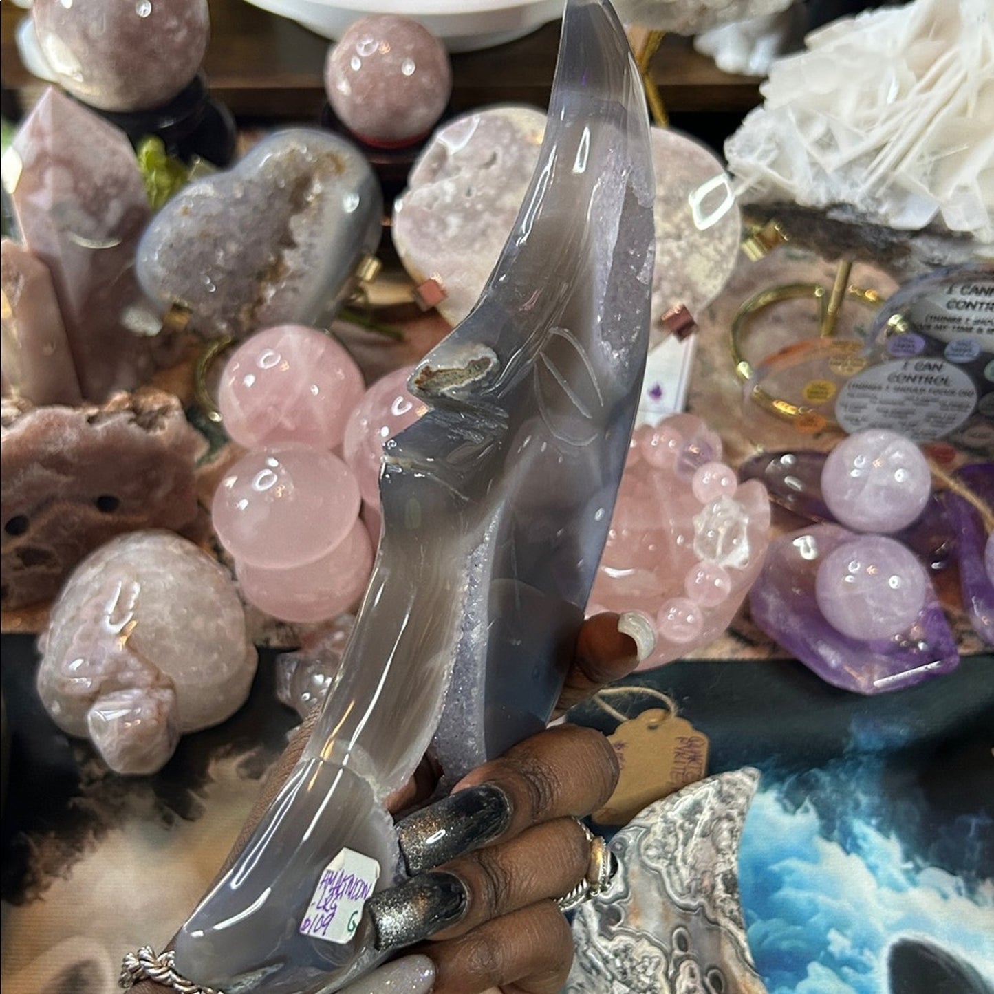 Amethyst, Quartz, & Agate Moon Custom carving AMAGTMOON-LRG