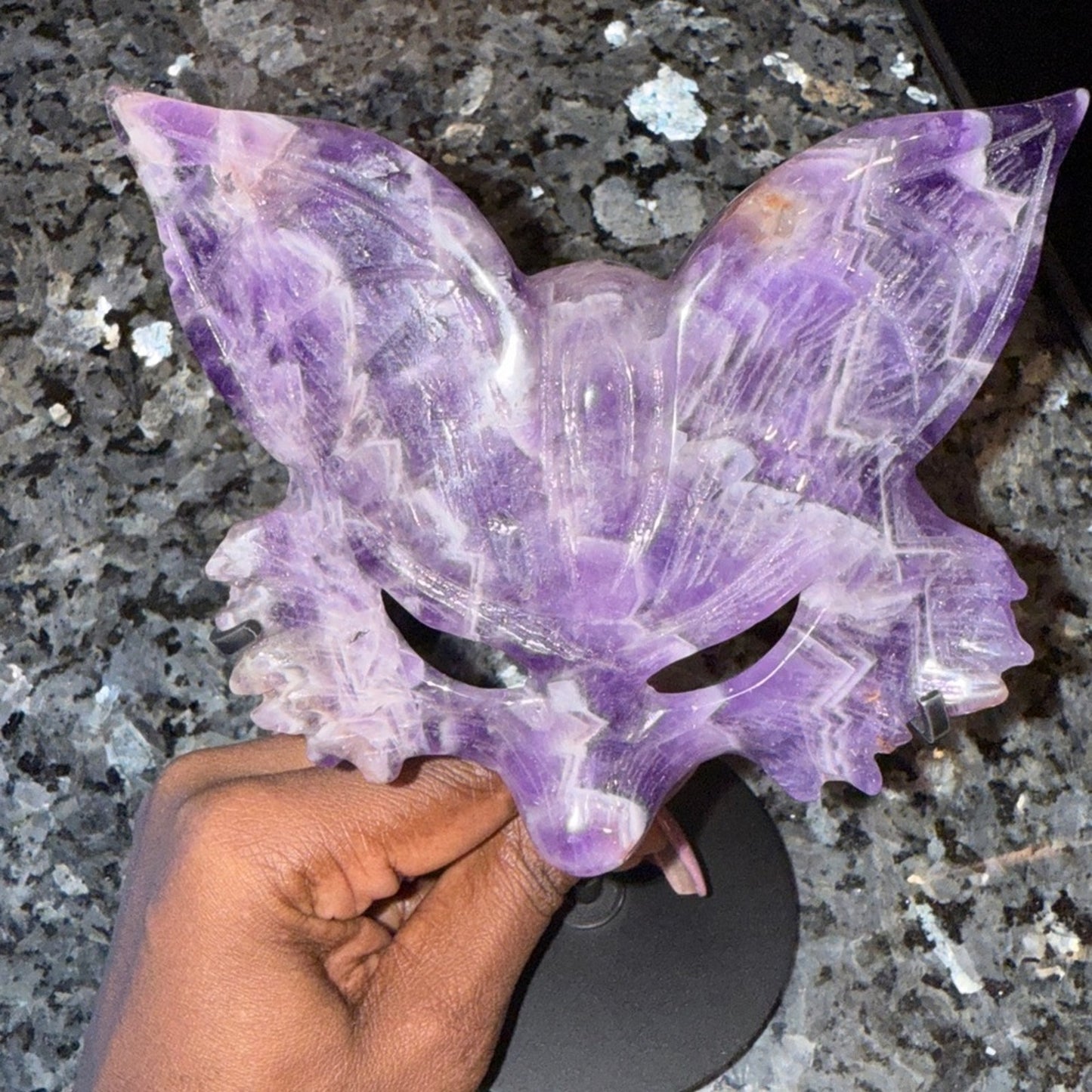 Dream Amethyst Fox Mask on black stand FREE SHIPPING