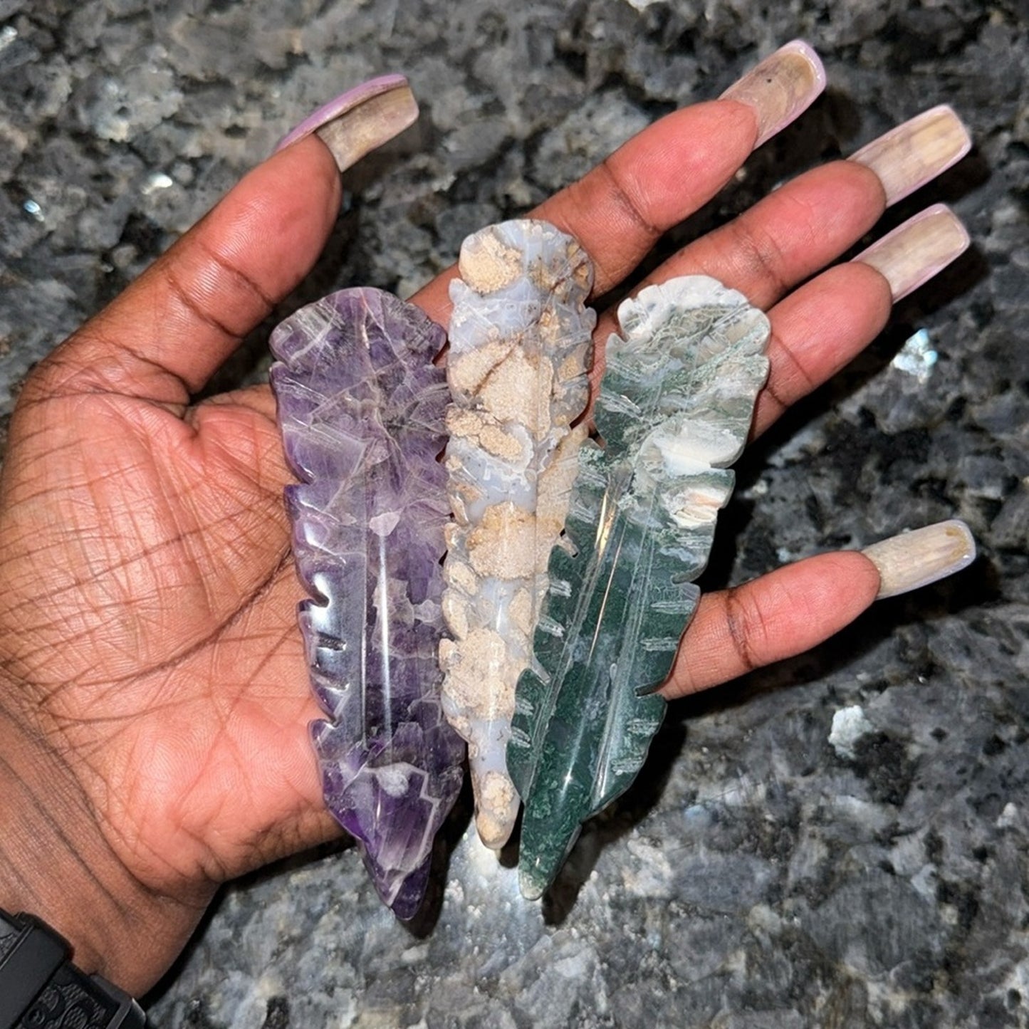 Set of 3 - Dream Amethyst, Moss Agate, Blue Flower  Agate Carved Feathers