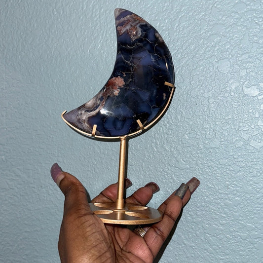 Blue Flower Agate Crescent moon and Stand - BLUEFLWTAGTMOON-001