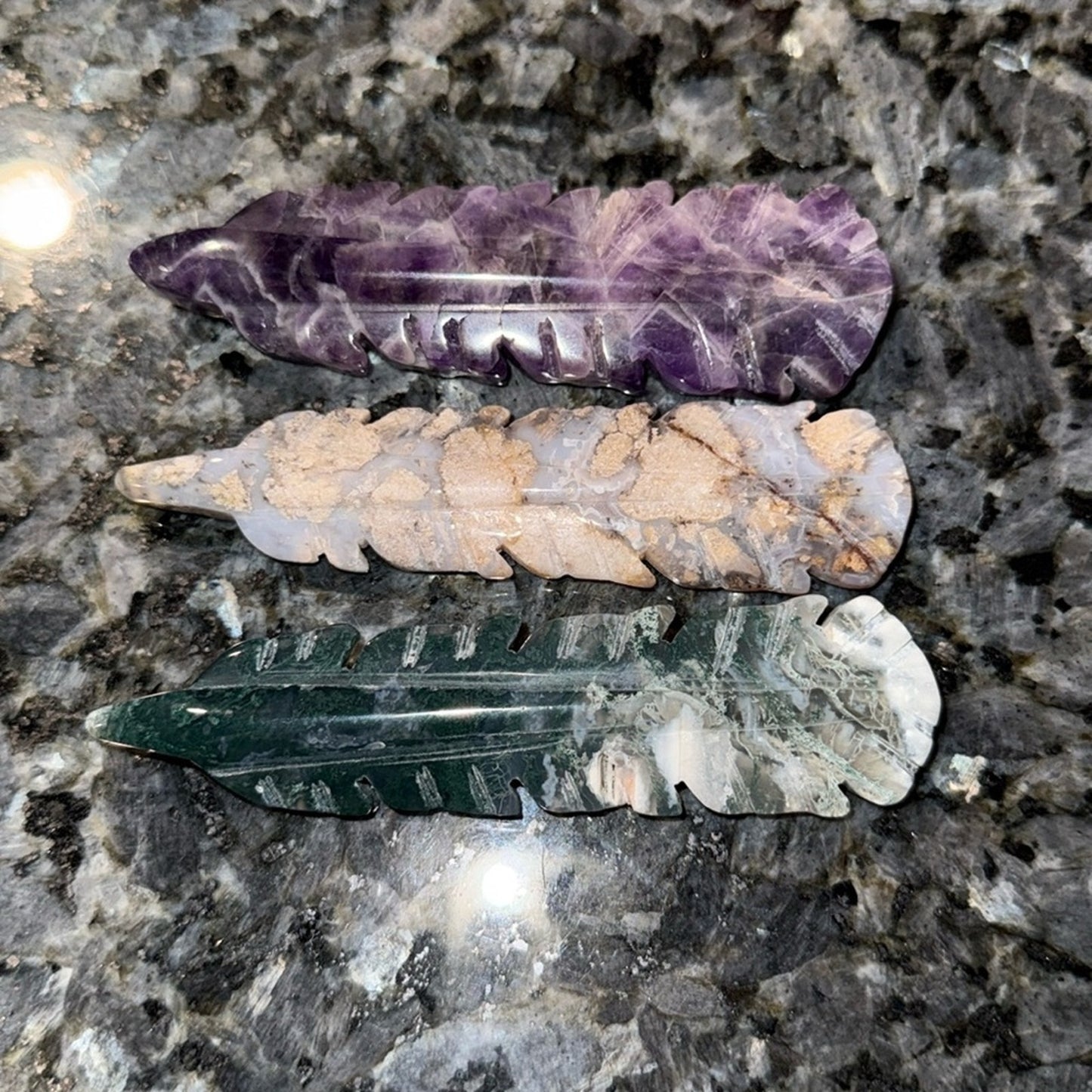 Set of 3 - Dream Amethyst, Moss Agate, Blue Flower  Agate Carved Feathers