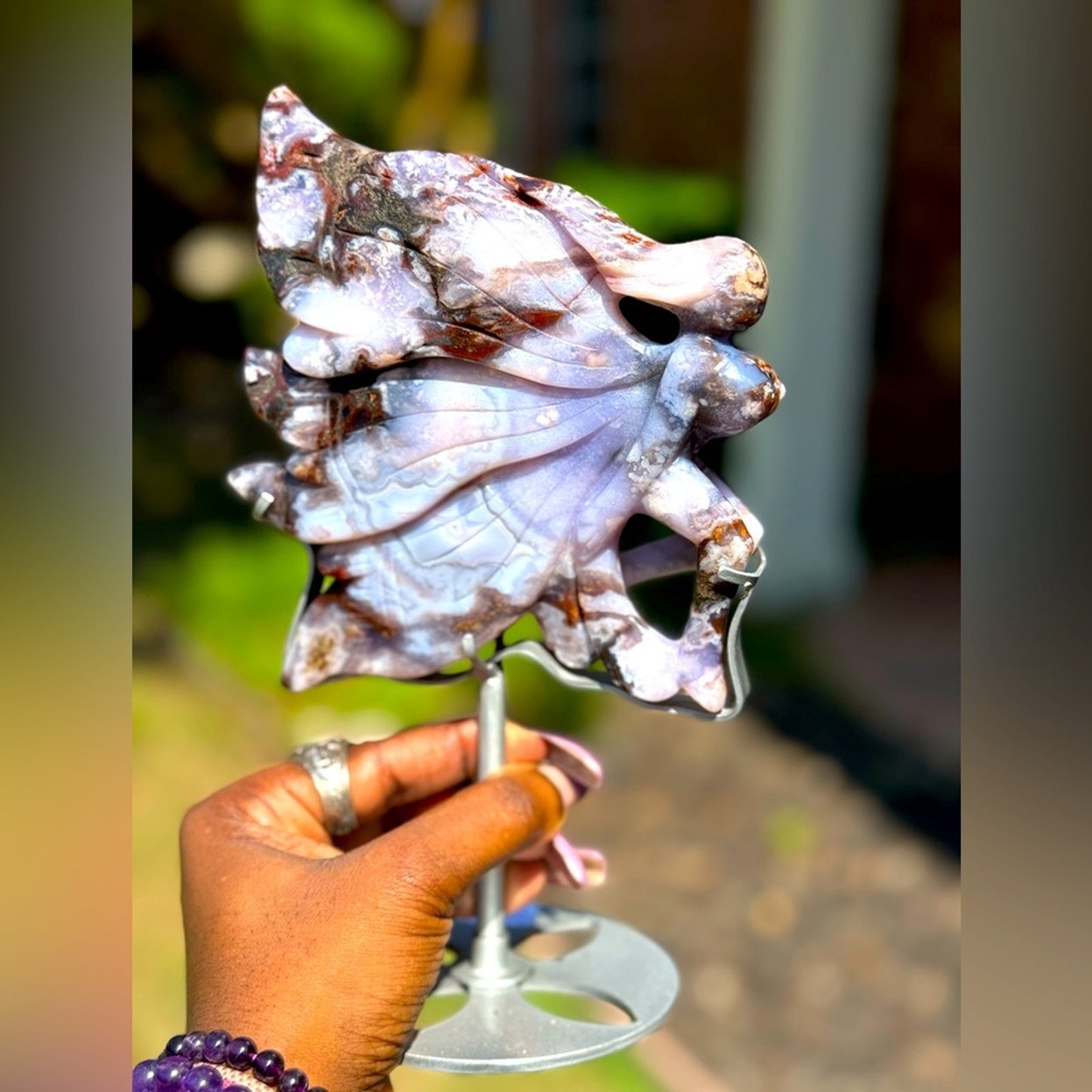 Blue Flower Agate Fairy and Custom Stand - BLUEFLWRAGTFRY-001