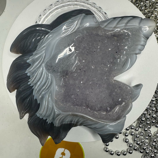 Blue Lace Agate and Amethyst Sugar Wolf Carving - BAAMYWLFCRV-001