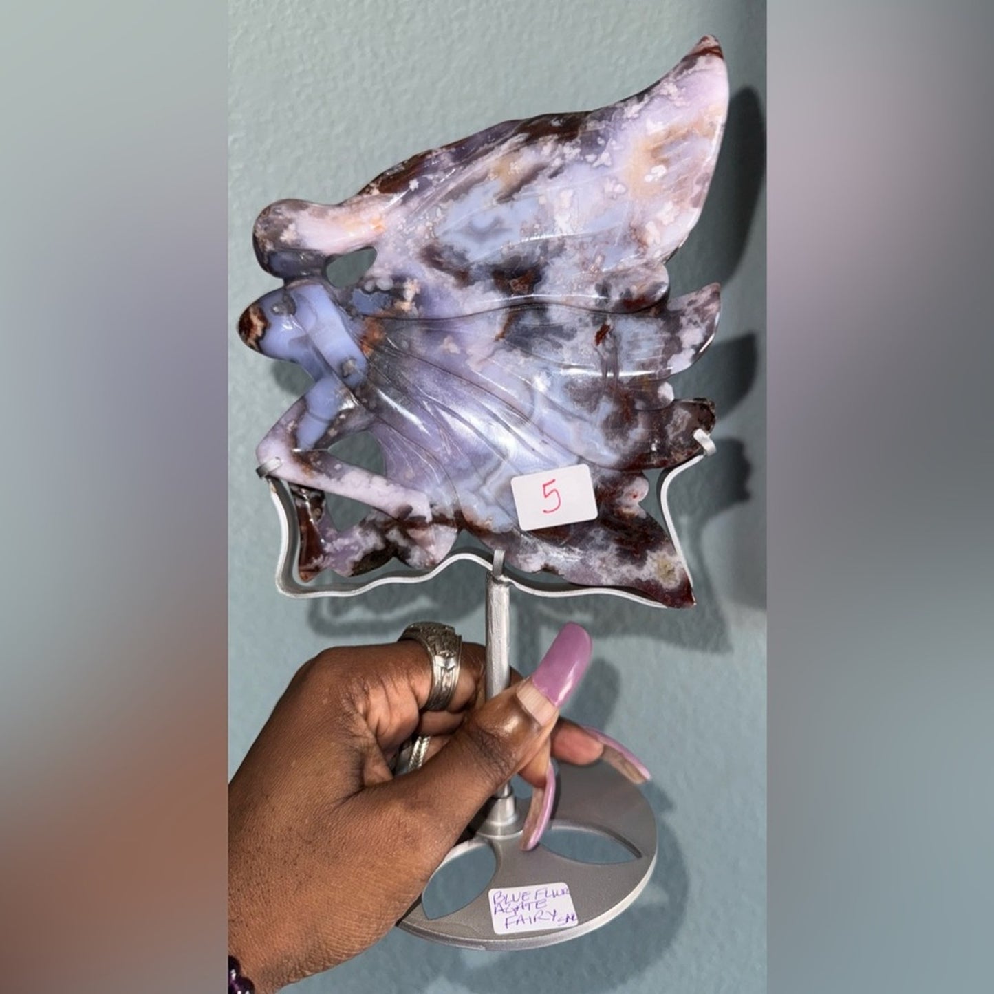 Blue Flower Agate Fairy and Custom Stand - BLUEFLWRAGTFRY-001