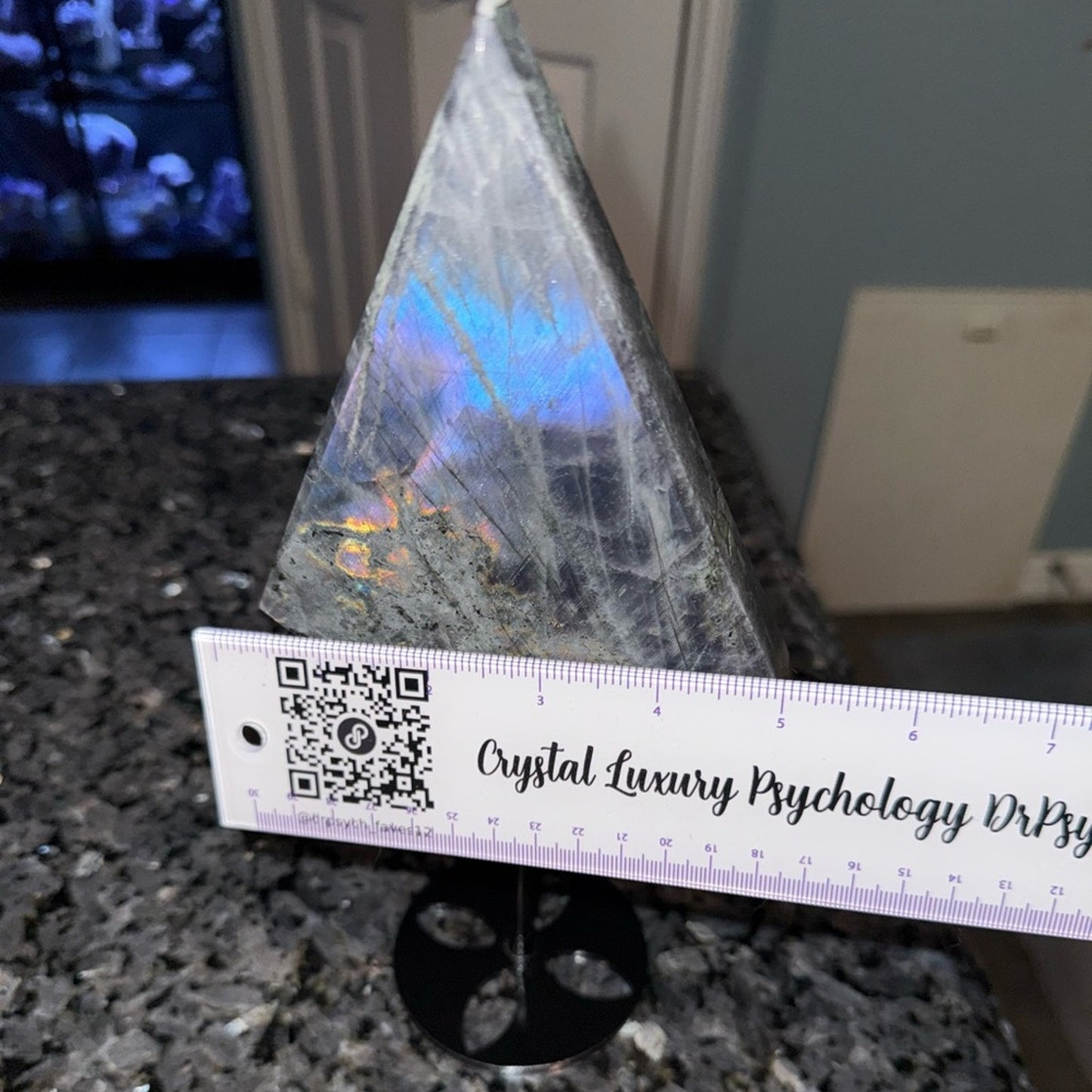 Natural Labradorite Stone Diamond on black metal stand!