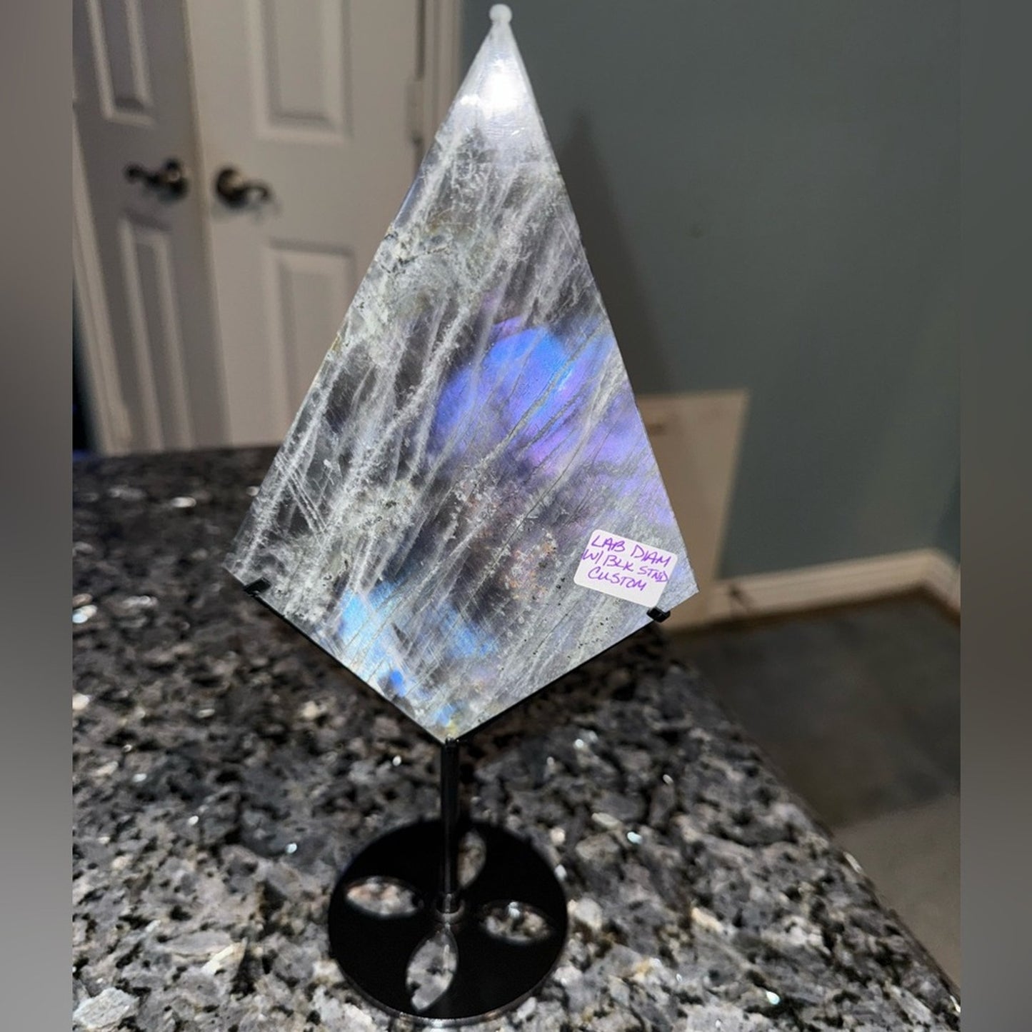 Natural Labradorite Stone Diamond on black metal stand!