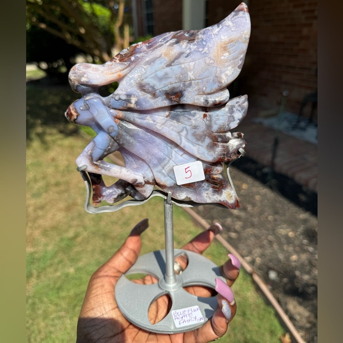 Blue Flower Agate Fairy and Custom Stand - BLUEFLWRAGTFRY-001