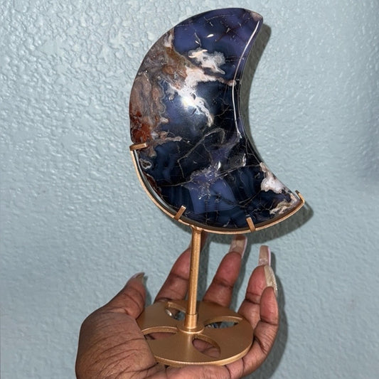 Blue Flower Agate Crescent moon and Stand - BLUEFLWTAGTMOON-002