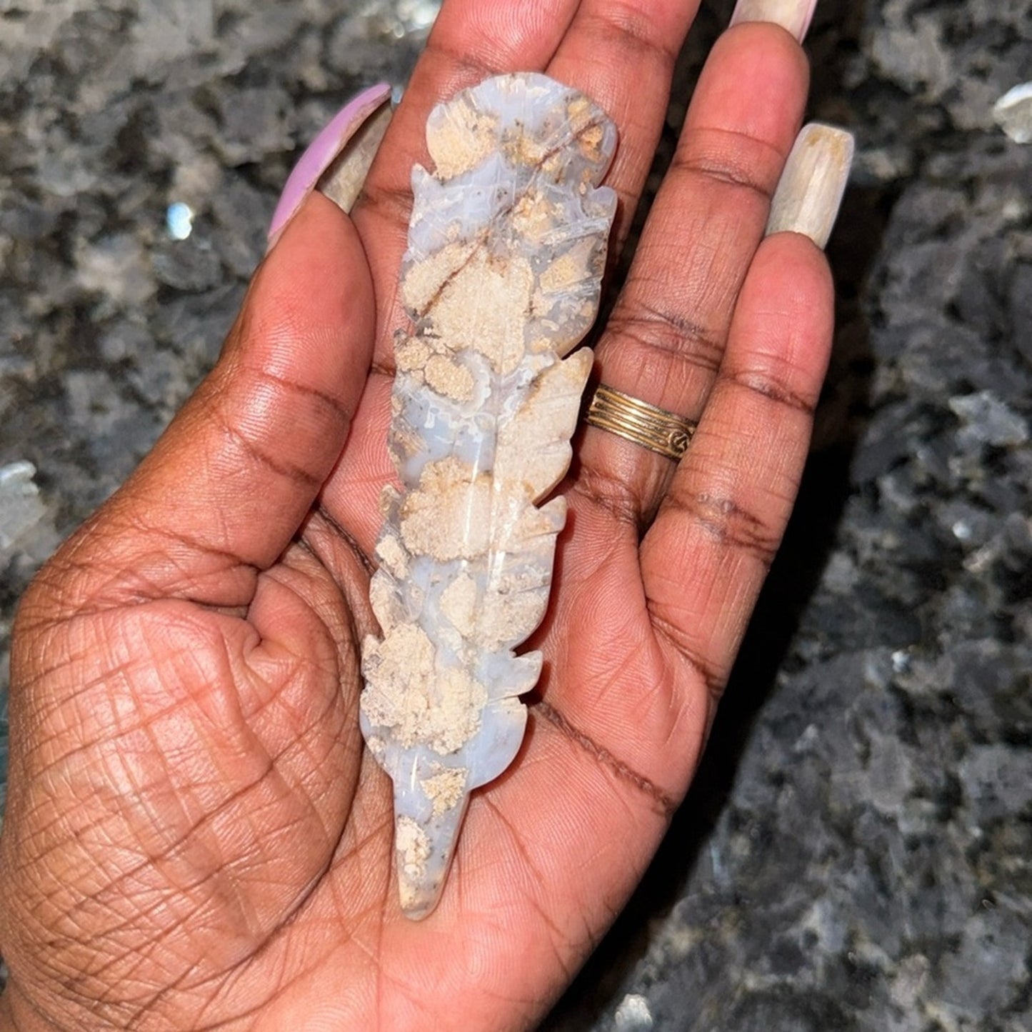 Set of 3 - Dream Amethyst, Moss Agate, Blue Flower  Agate Carved Feathers
