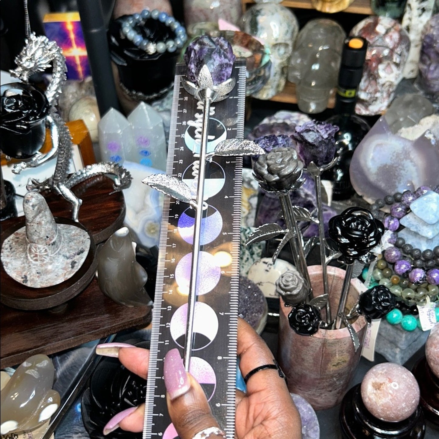 Fluorite root or Obsidian Rose Carvings w/Silver Stainless stem - Price for 1 🌹🌹