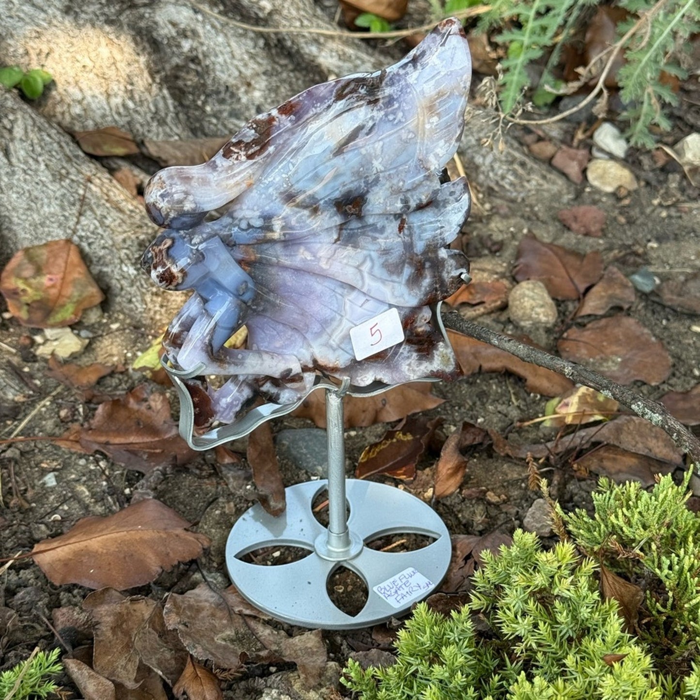 Blue Flower Agate Fairy and Custom Stand - BLUEFLWRAGTFRY-001