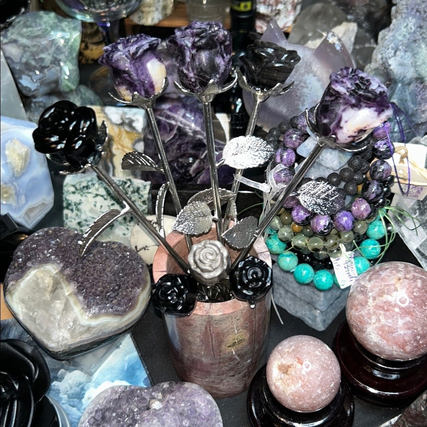 Fluorite root or Obsidian Rose Carvings w/Silver Stainless stem - Price for 1 🌹🌹