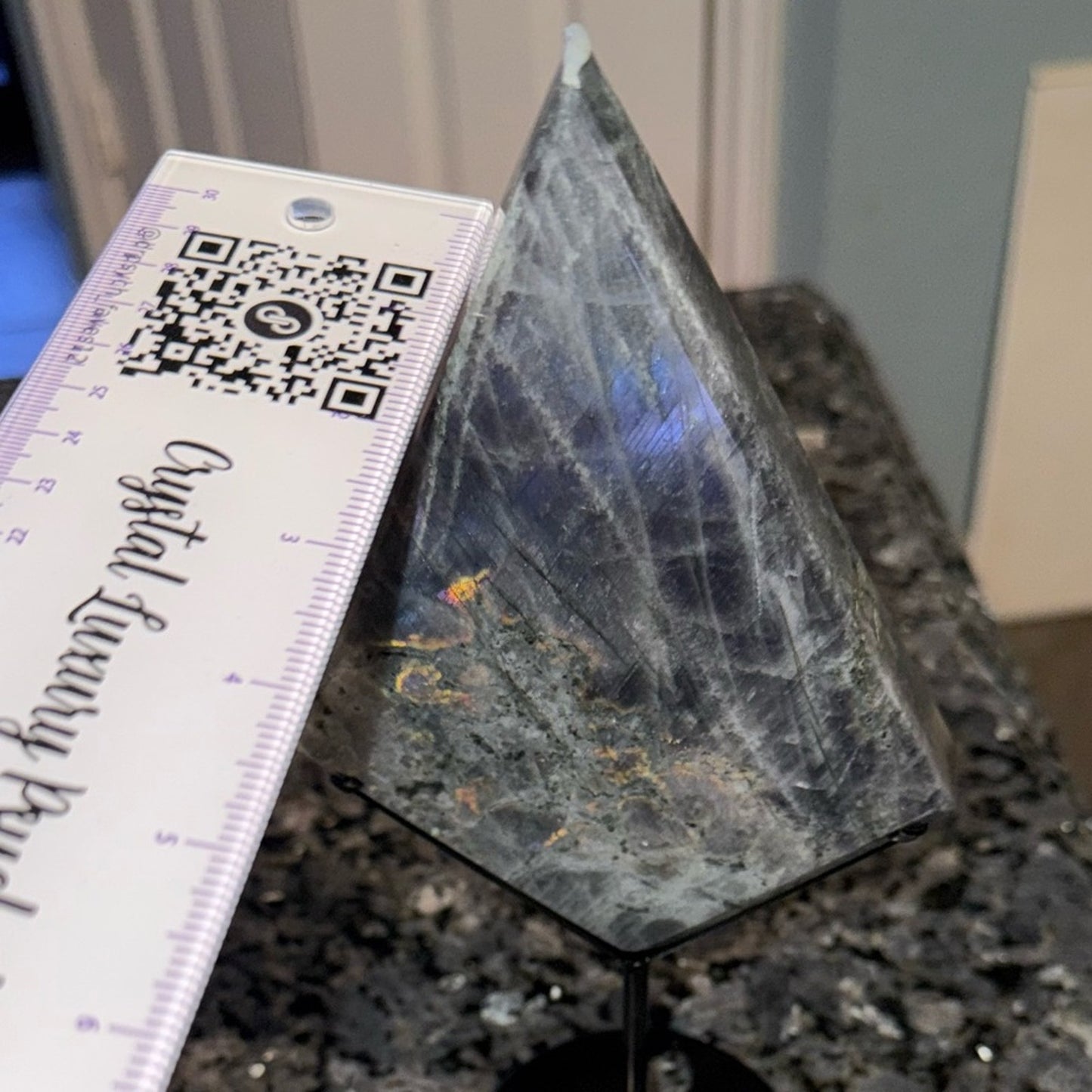 Natural Labradorite Stone Diamond on black metal stand!